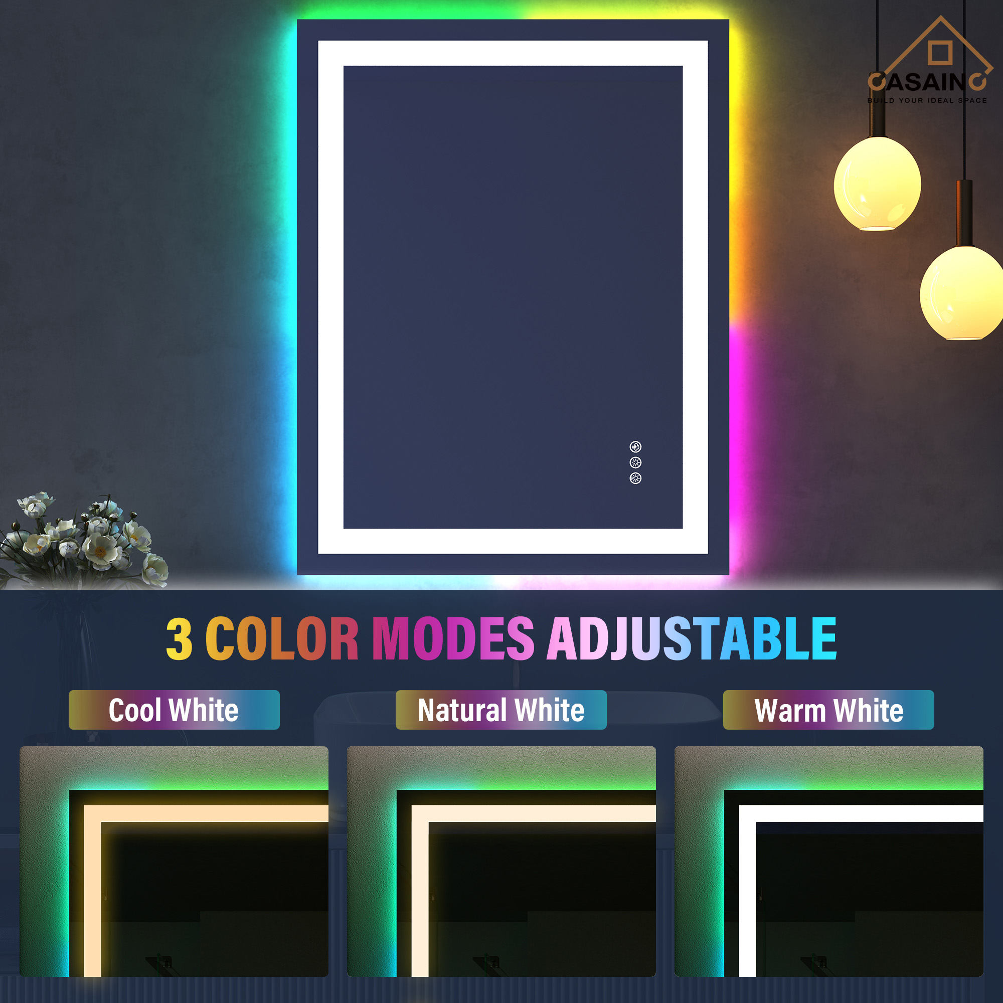 Tempered RGB LED Bathroom Mirror with Smart Controls & Anti-Fog