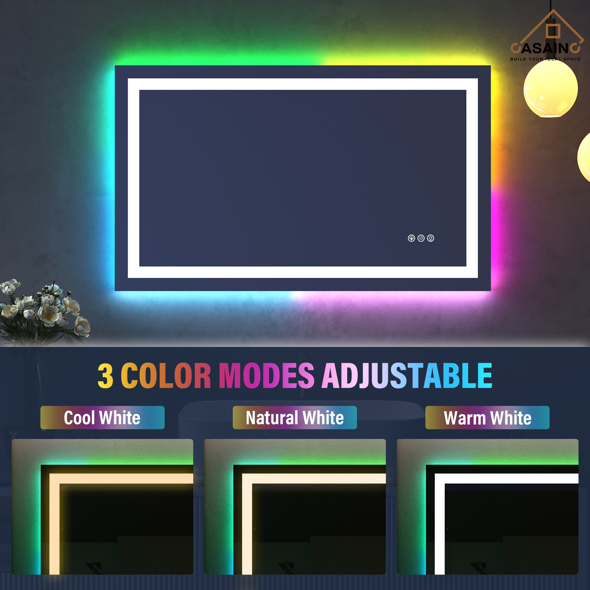 Tempered RGB LED Bathroom Mirror with Smart Controls & Anti-Fog