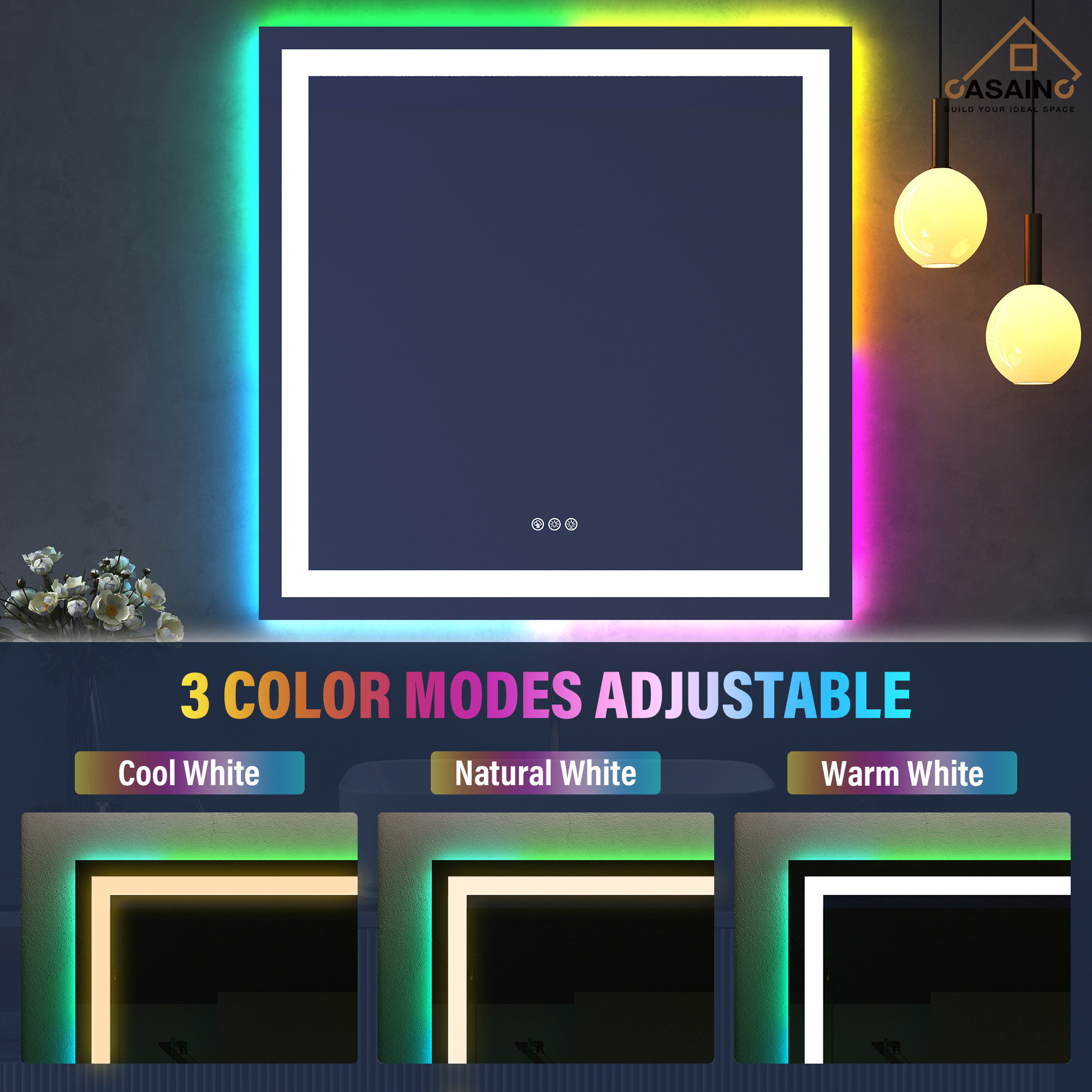 Tempered RGB LED Bathroom Mirror with Smart Controls & Anti-Fog