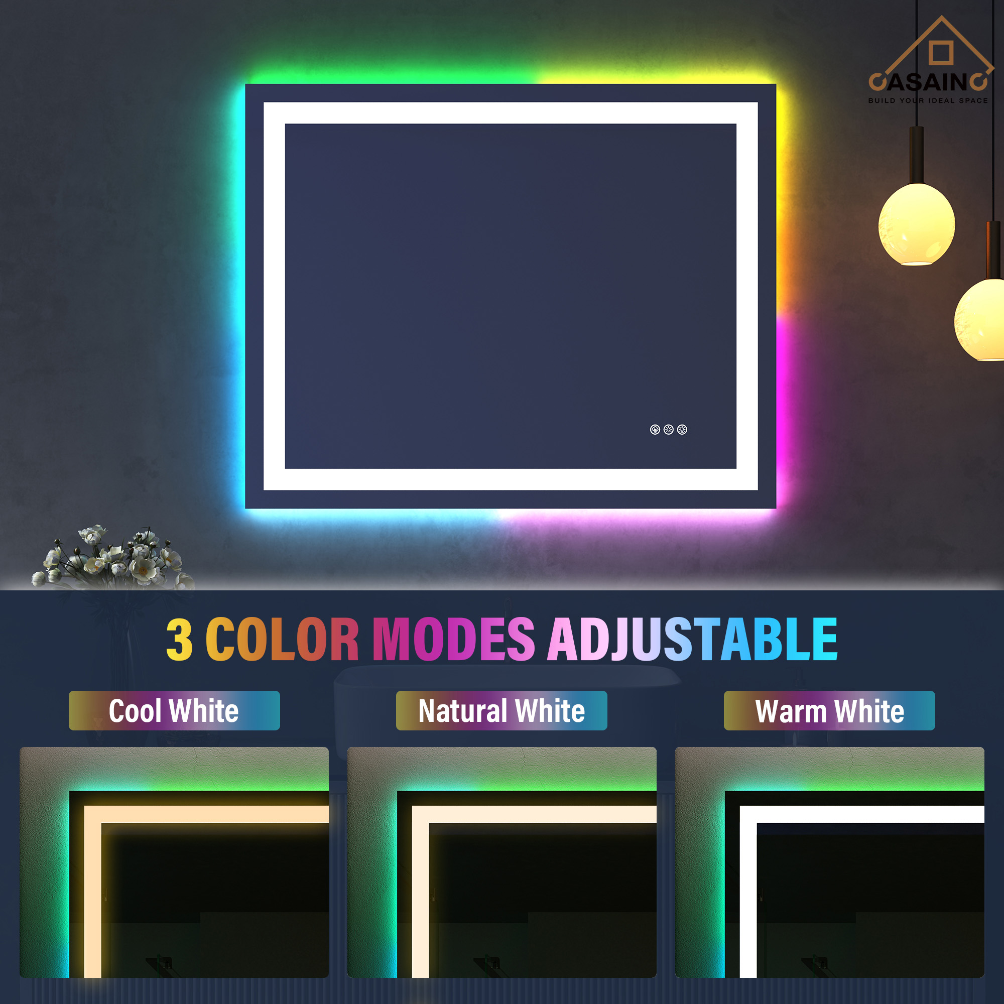 Tempered RGB LED Bathroom Mirror with Smart Controls & Anti-Fog