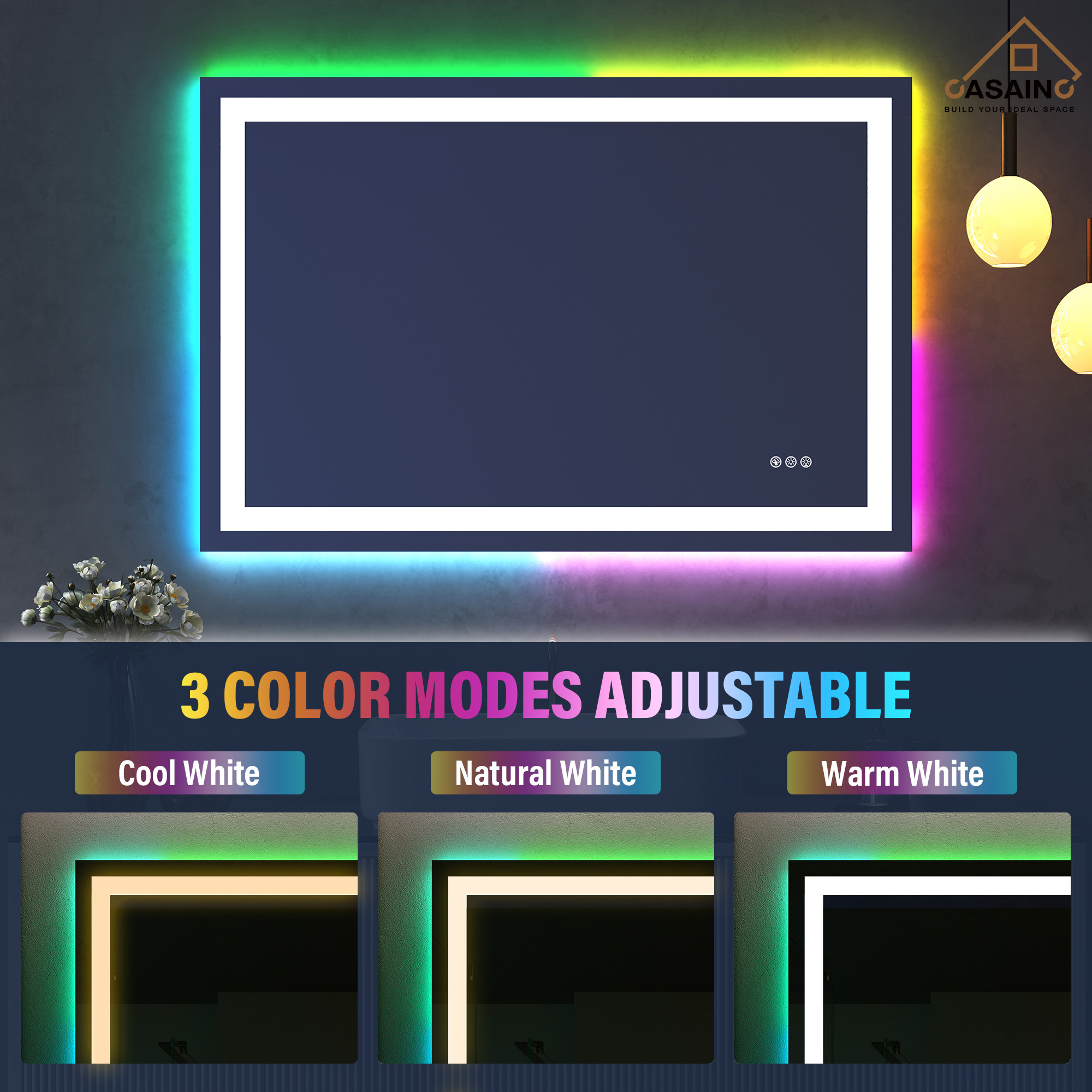 Tempered RGB LED Bathroom Mirror with Smart Controls & Anti-Fog