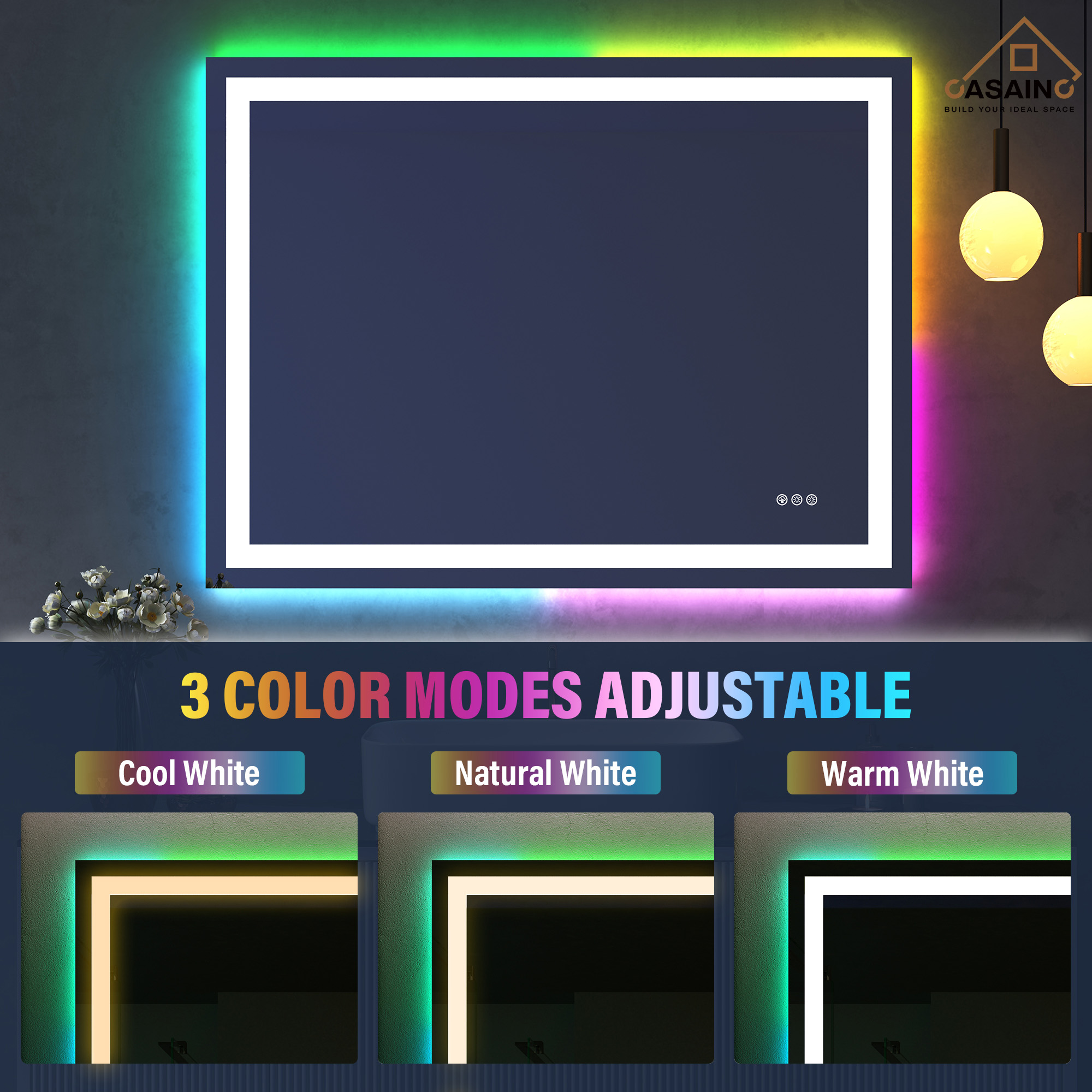 Tempered RGB LED Bathroom Mirror with Smart Controls & Anti-Fog