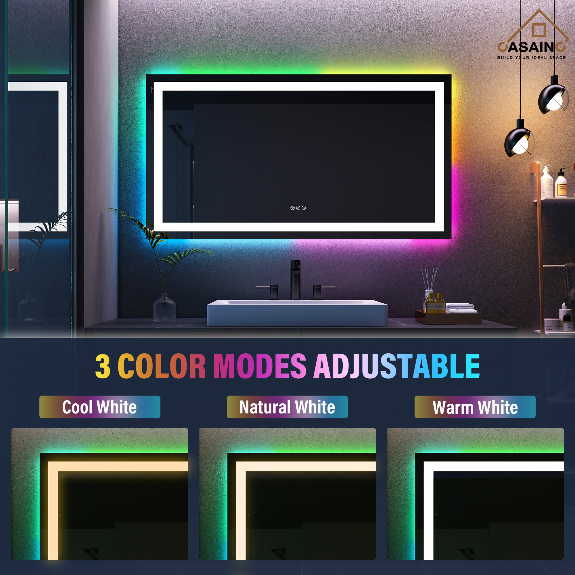 Tempered RGB LED Bathroom Mirror with Smart Controls & Anti-Fog