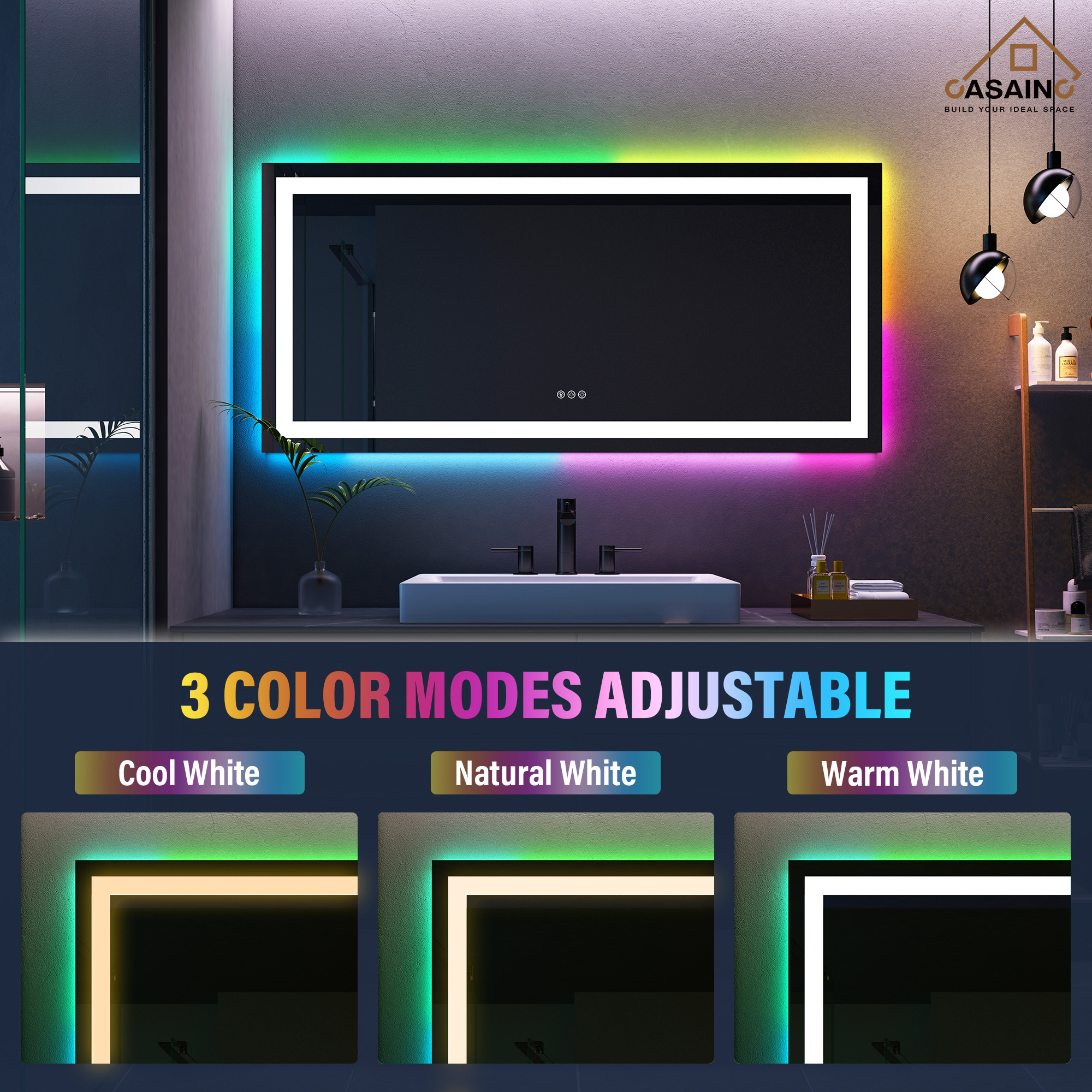 Tempered RGB LED Bathroom Mirror with Smart Controls & Anti-Fog