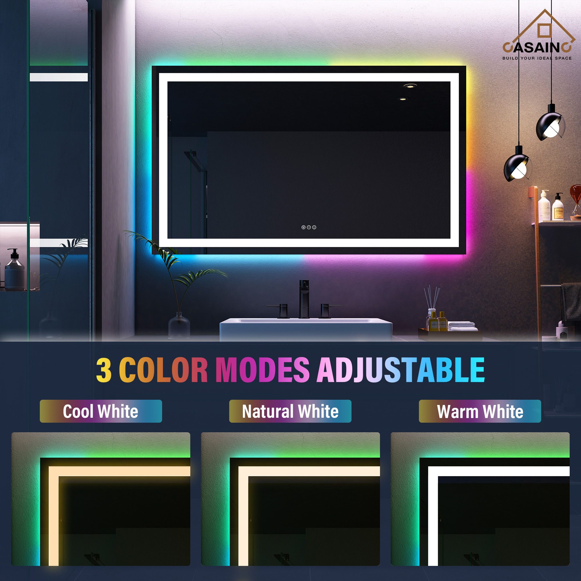 Tempered RGB LED Bathroom Mirror with Smart Controls & Anti-Fog