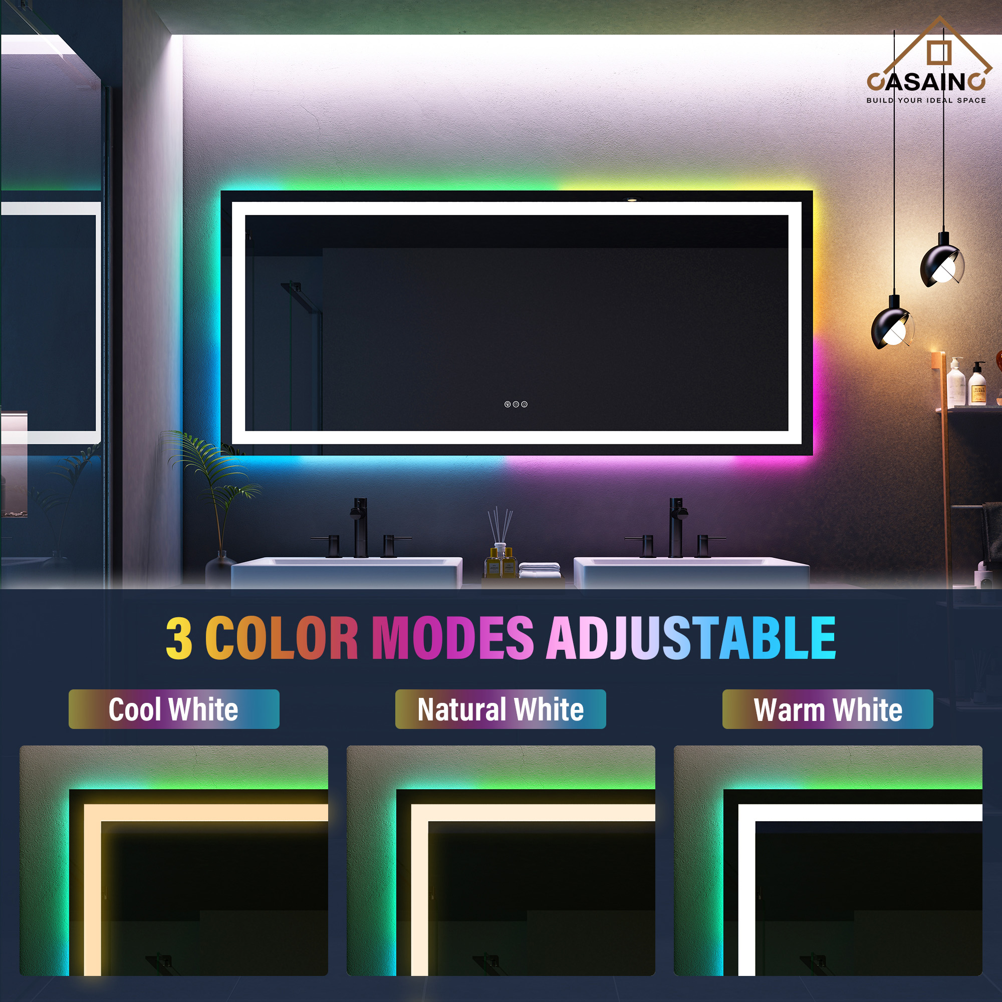 Tempered RGB LED Bathroom Mirror with Smart Controls & Anti-Fog