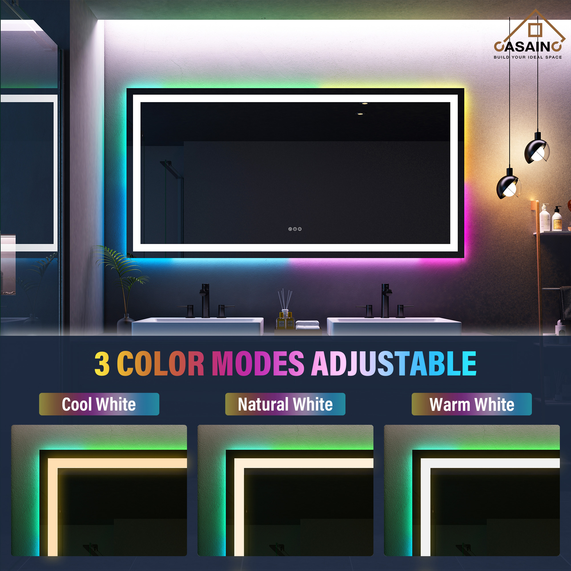 Tempered RGB LED Bathroom Mirror with Smart Controls & Anti-Fog