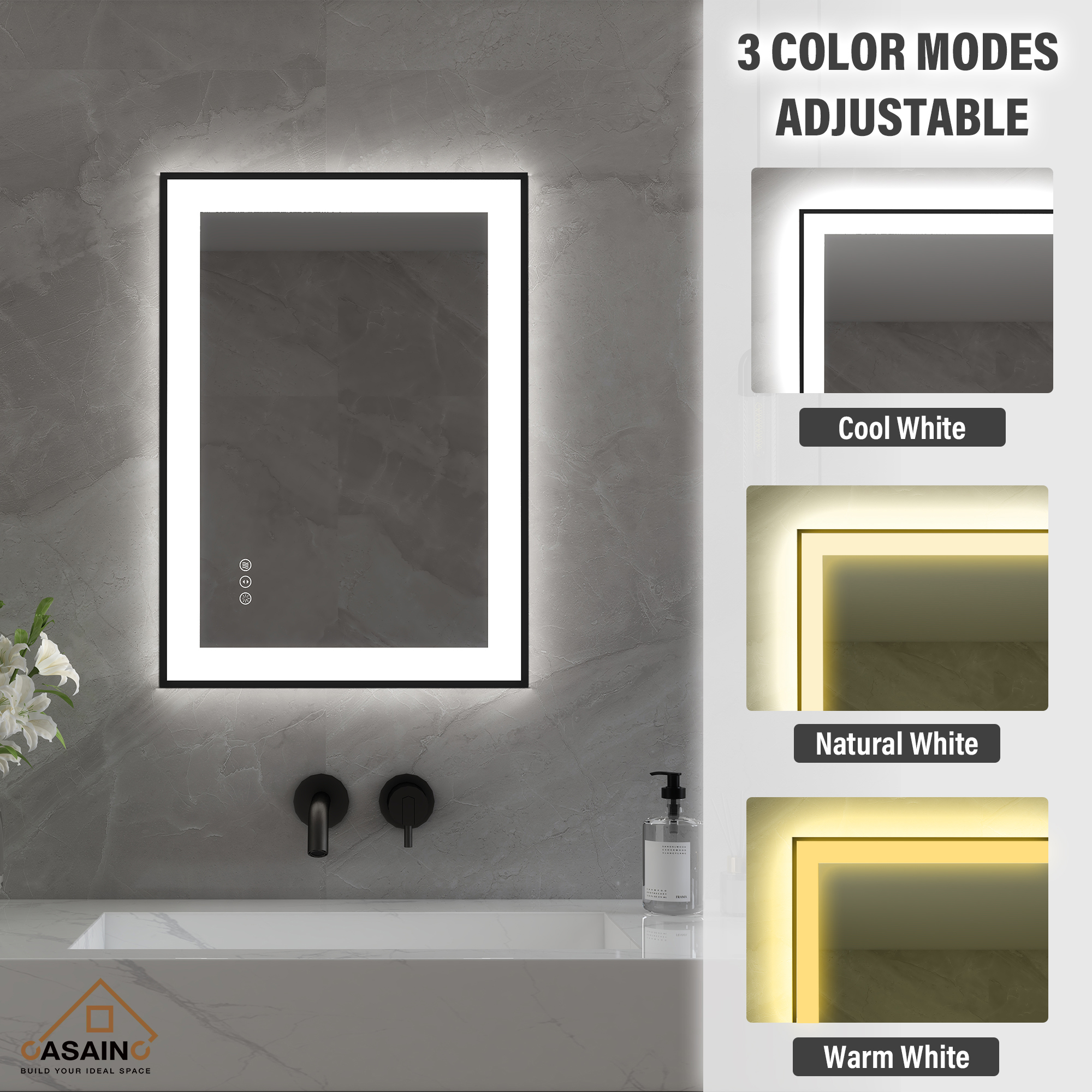 Tempered Glass LED Mirror with Aluminum Frame for Bathroom Vanity