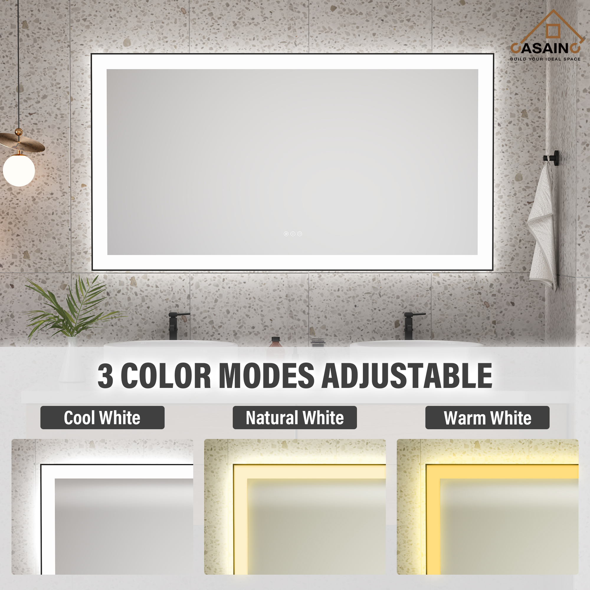 Tempered Glass LED Mirror with Aluminum Frame for Bathroom Vanity