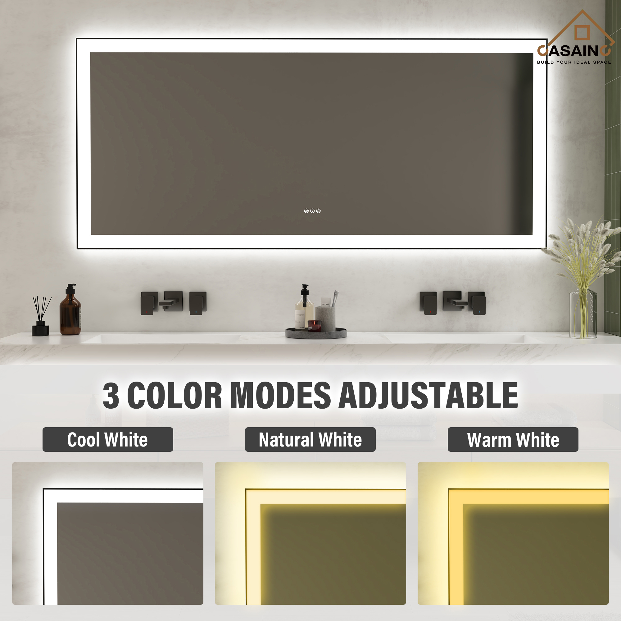 Tempered Glass LED Mirror with Aluminum Frame for Bathroom Vanity