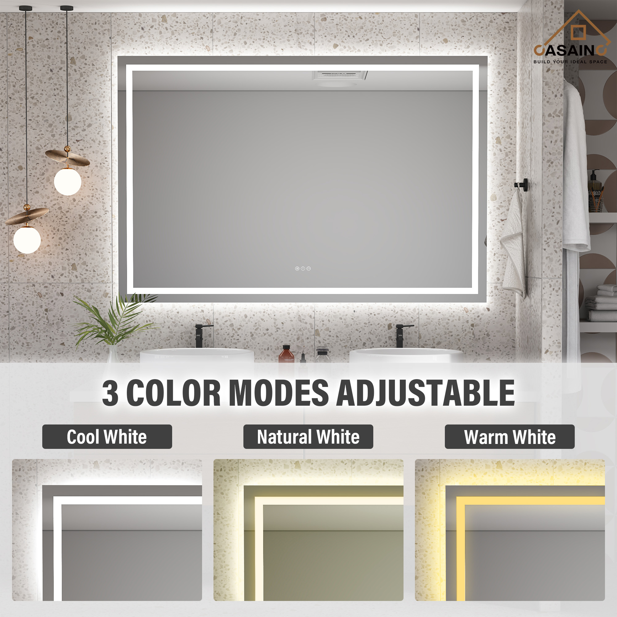 Rectangular Frameless LED Bathroom Mirror with Anti-Fog & Adjustable Color