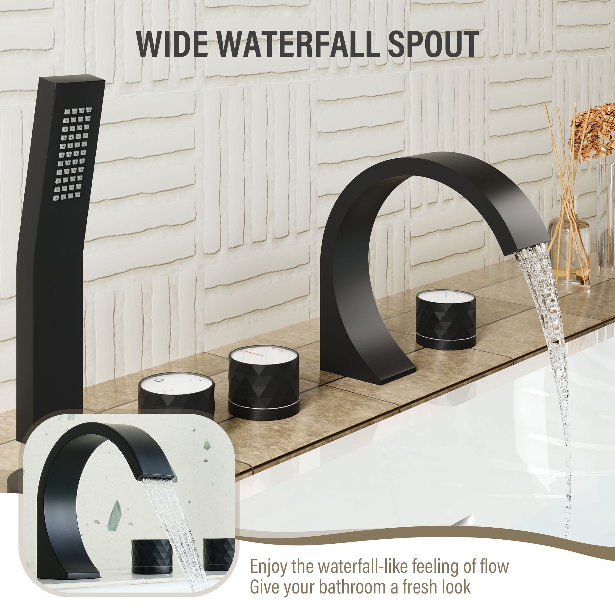 C-Shaped Curved Design 3-Handle Roman Bathtub Faucet with Hand Shower