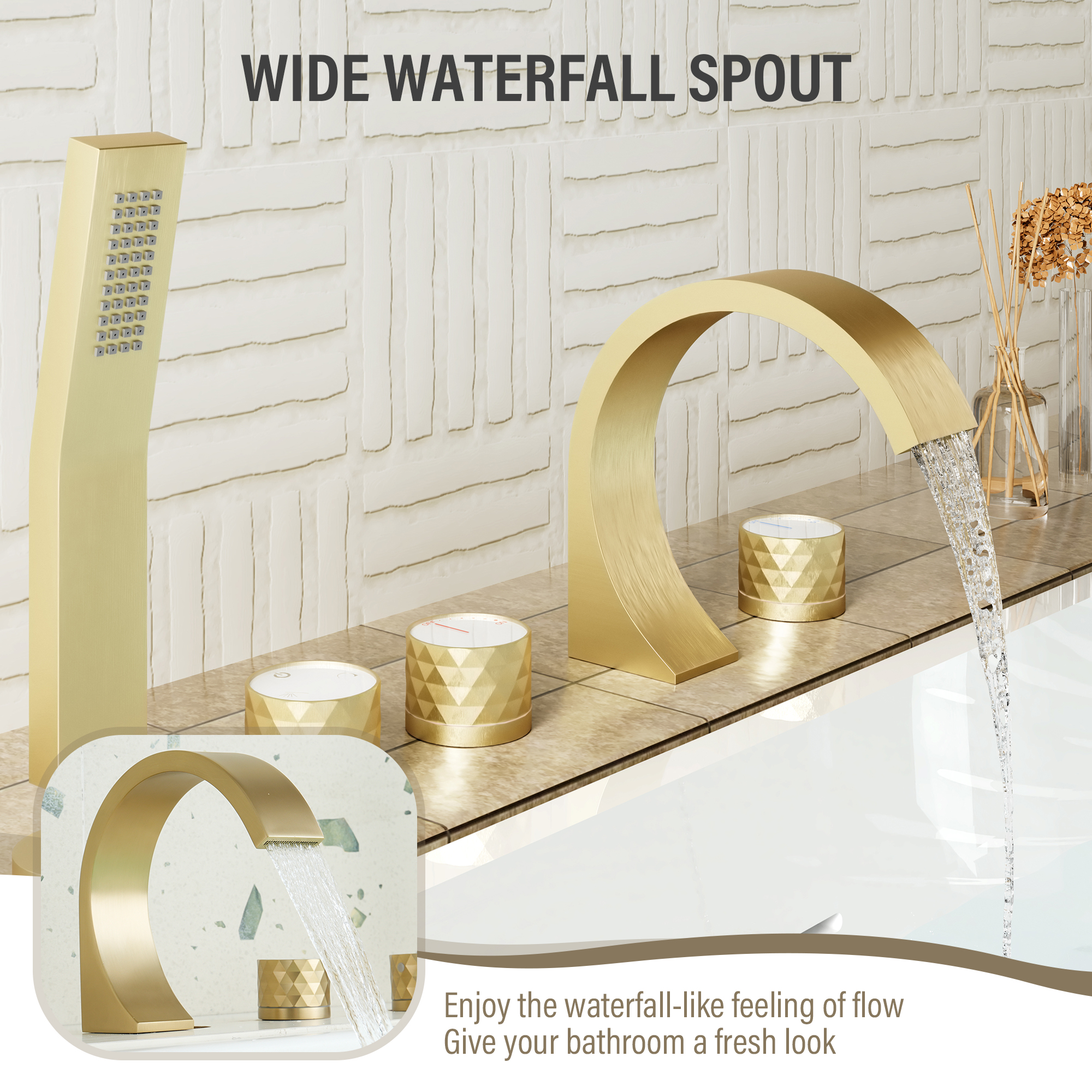 C-Shaped Curved Design 3-Handle Roman Bathtub Faucet with Hand Shower