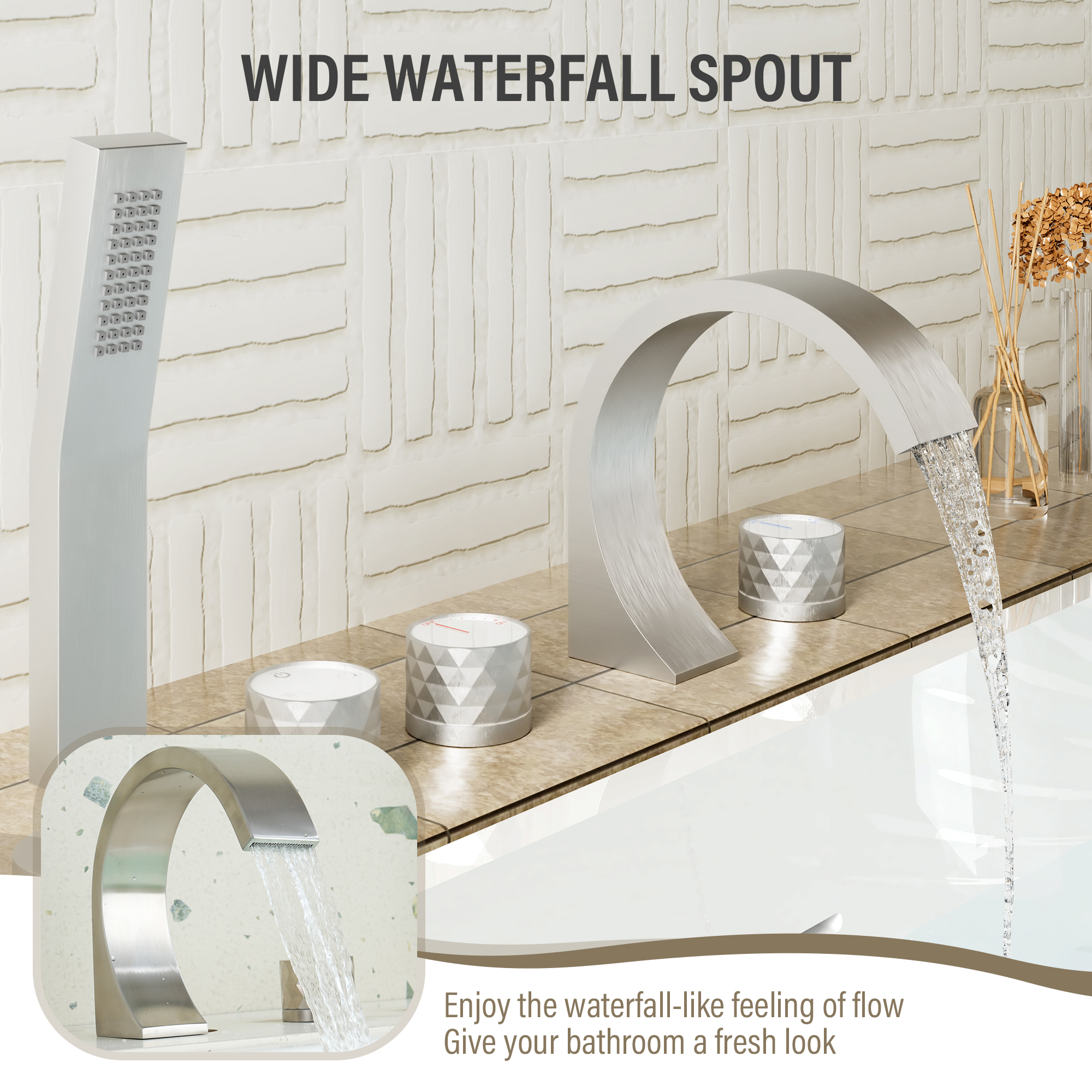 C-Shaped Curved Design 3-Handle Roman Bathtub Faucet with Hand Shower