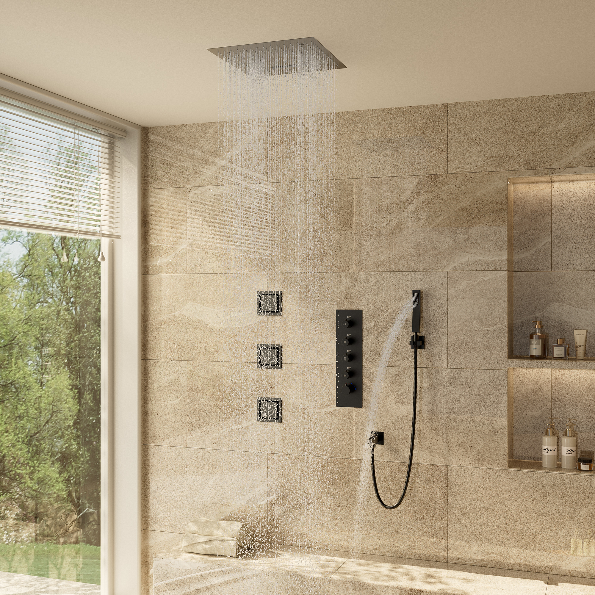 16" Ceiling-Mount 4-Way Shower System with LED Display and Music Player