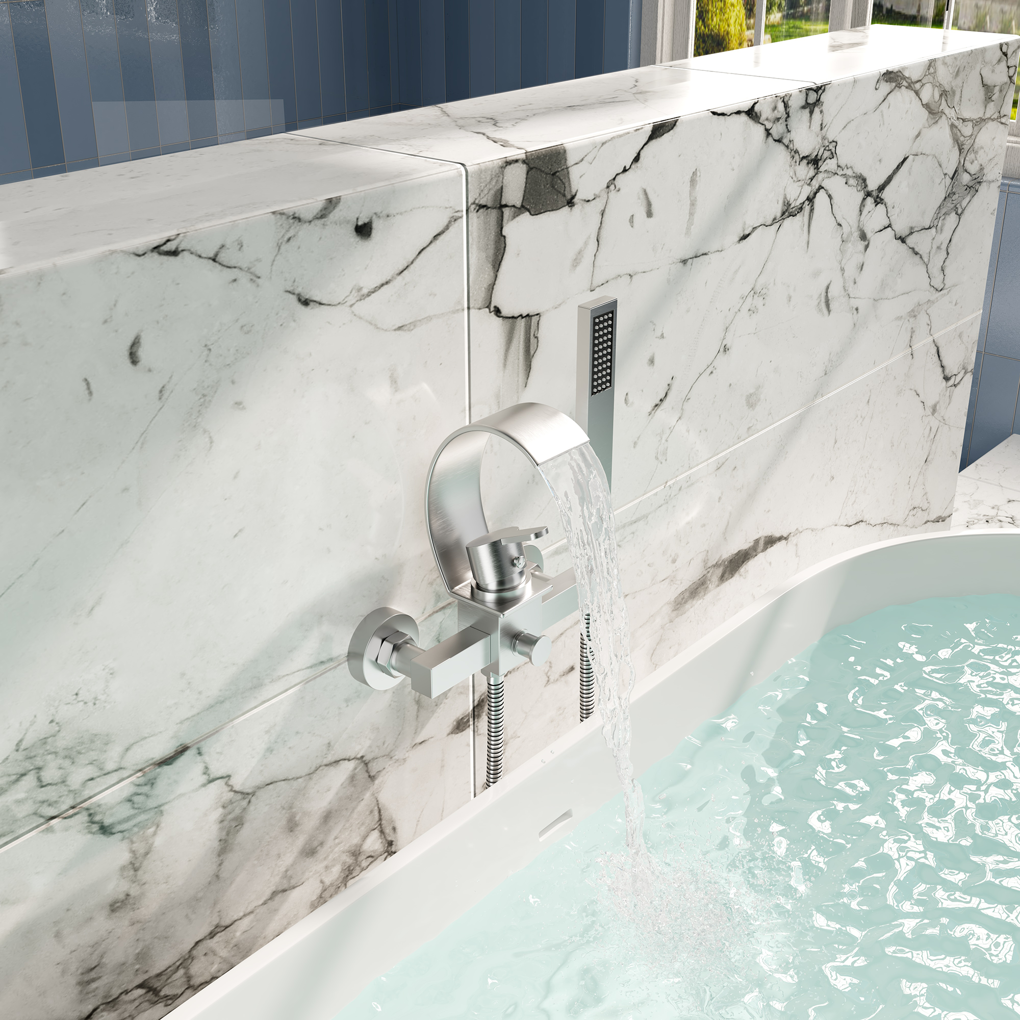 Wall-Mounted Brass Waterfall Tub Filler with Handheld Shower