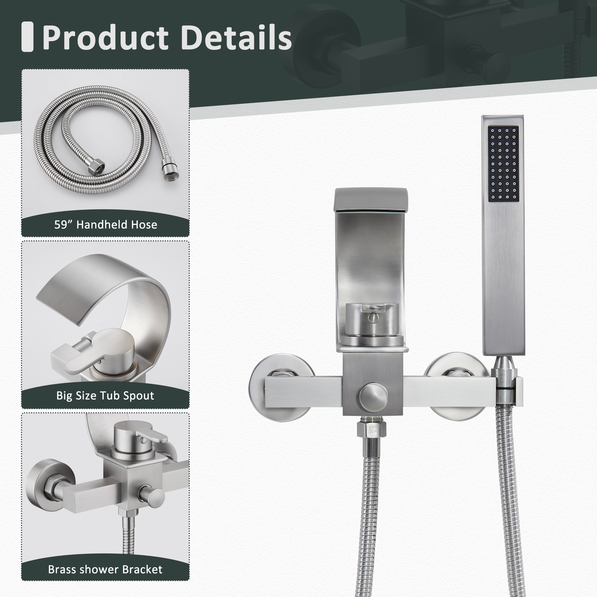 Wall-Mounted Brass Waterfall Tub Filler with Handheld Shower