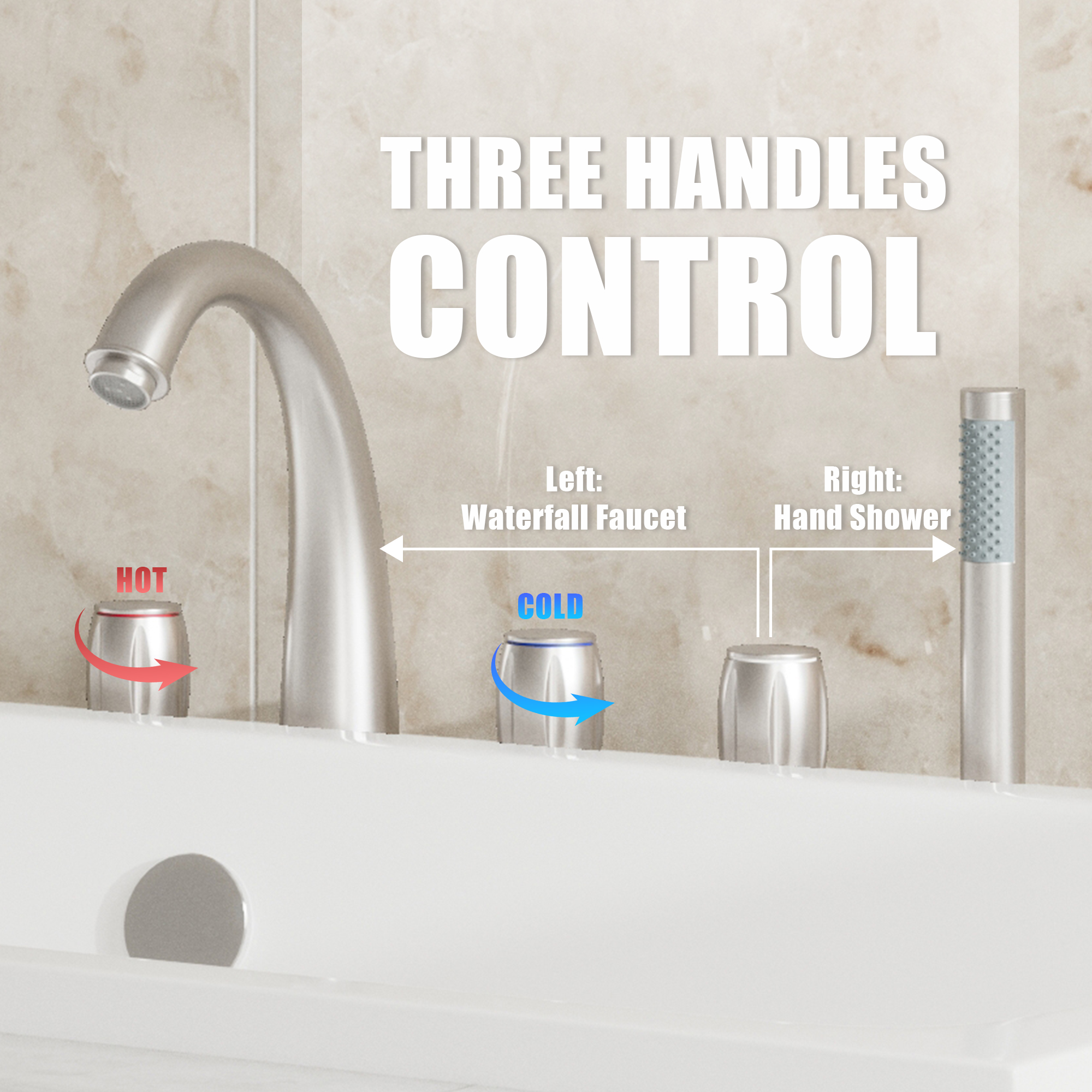 3-Handle Deck-Mounted Waterfall Roman Tub Faucet with Hand Shower