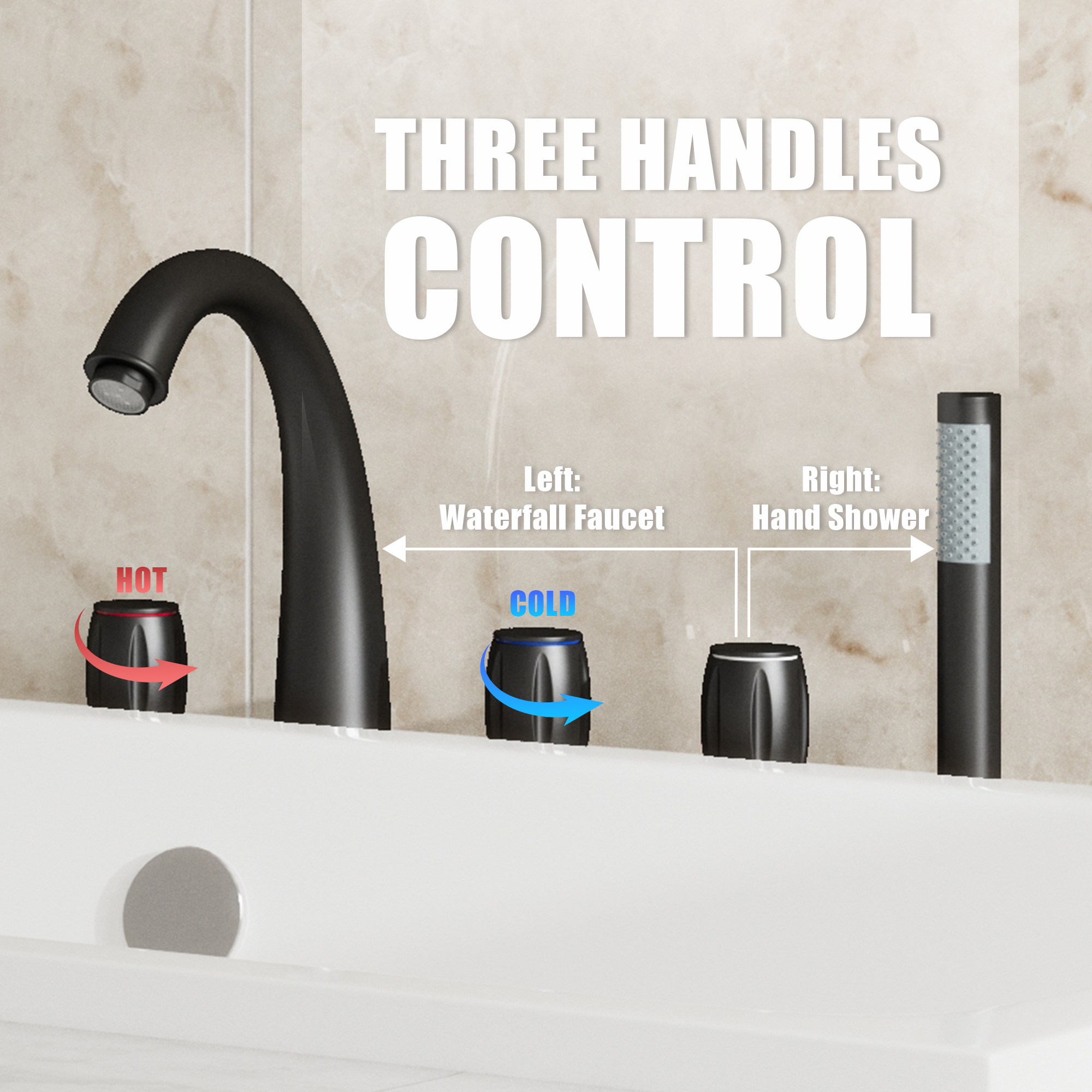 3-Handle Deck-Mounted Waterfall Roman Tub Faucet with Hand Shower