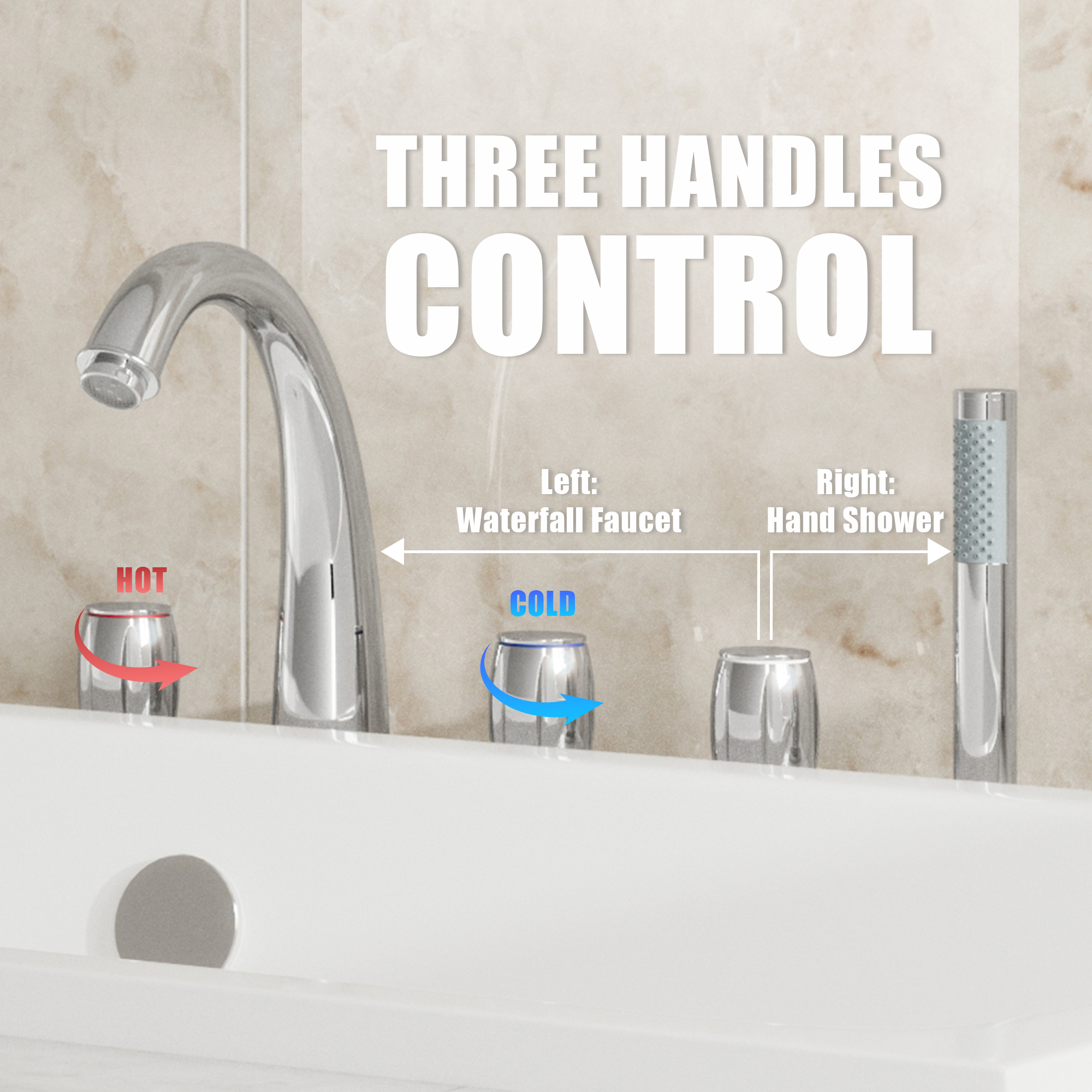 3-Handle Deck-Mounted Waterfall Roman Tub Faucet with Hand Shower