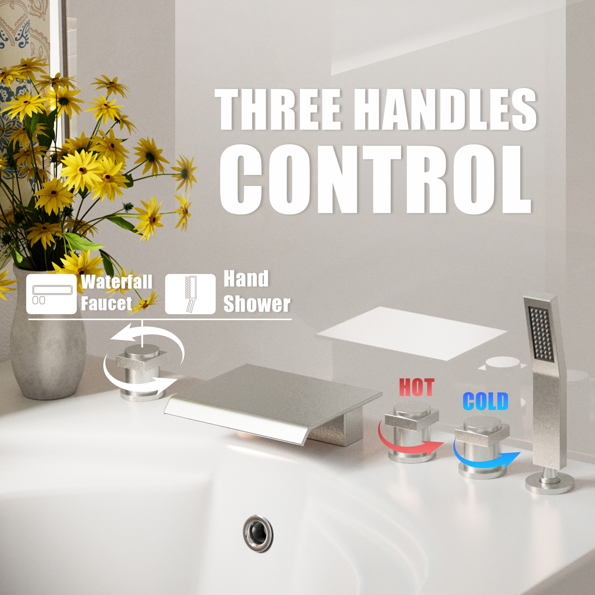 3-Handle 5 Holes Deck-Mounted Bathtub Faucet with Handheld Shower