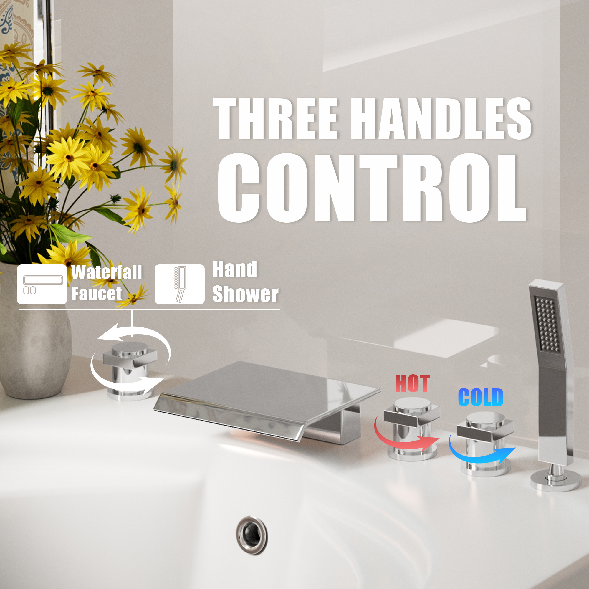 3-Handle 5 Holes Deck-Mounted Bathtub Faucet with Handheld Shower