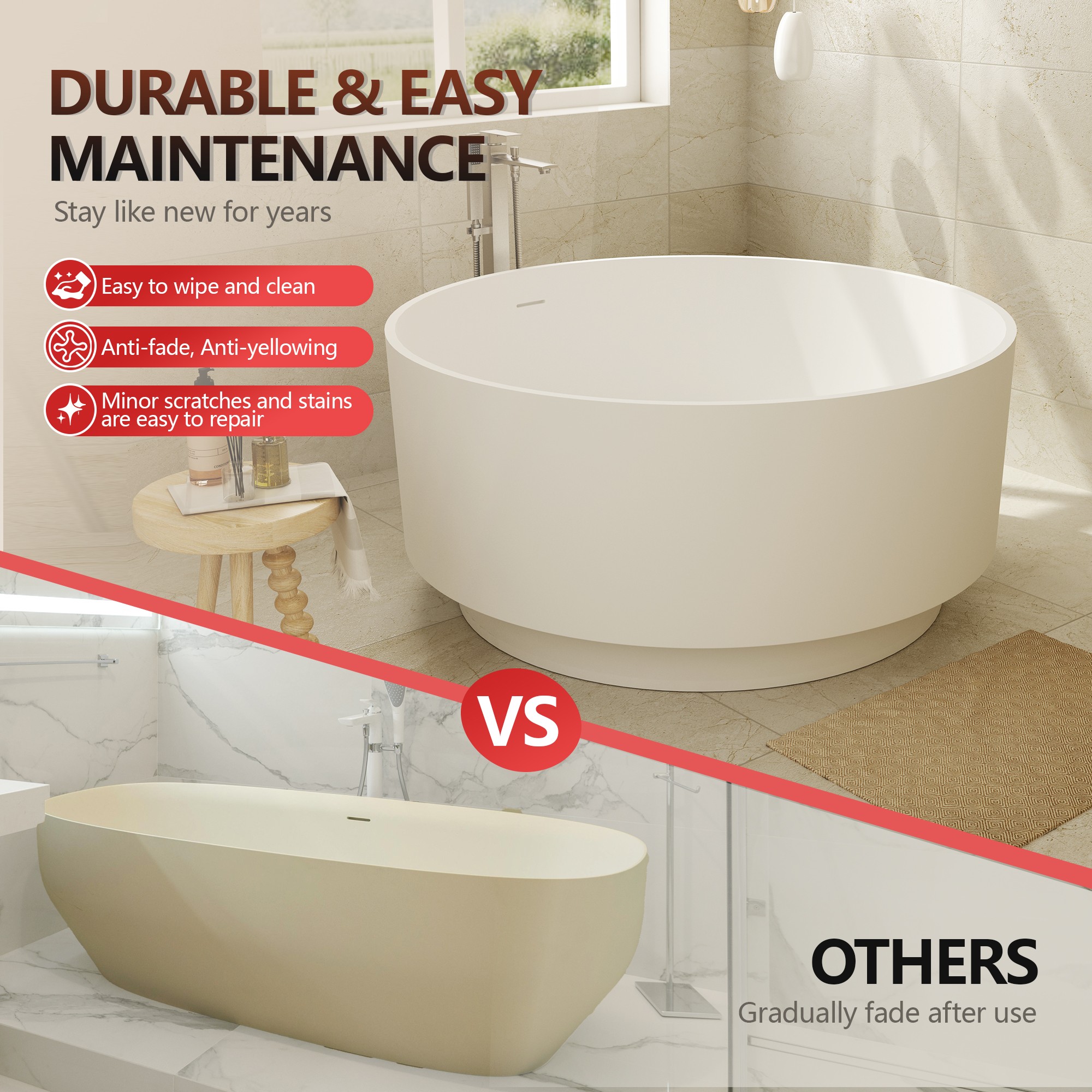 49" Round Solid Surface Freestanding Soaking Bathtub for Family Relaxation