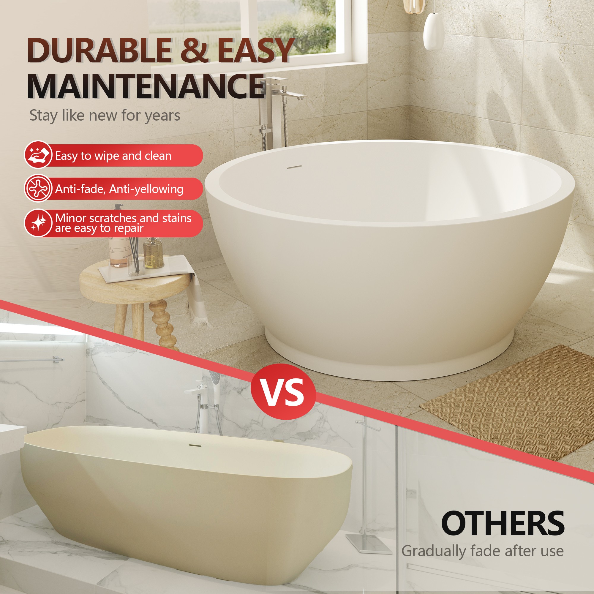 53" Freestanding Solid Surface Soaking Bathtub with 4" Wide Rim