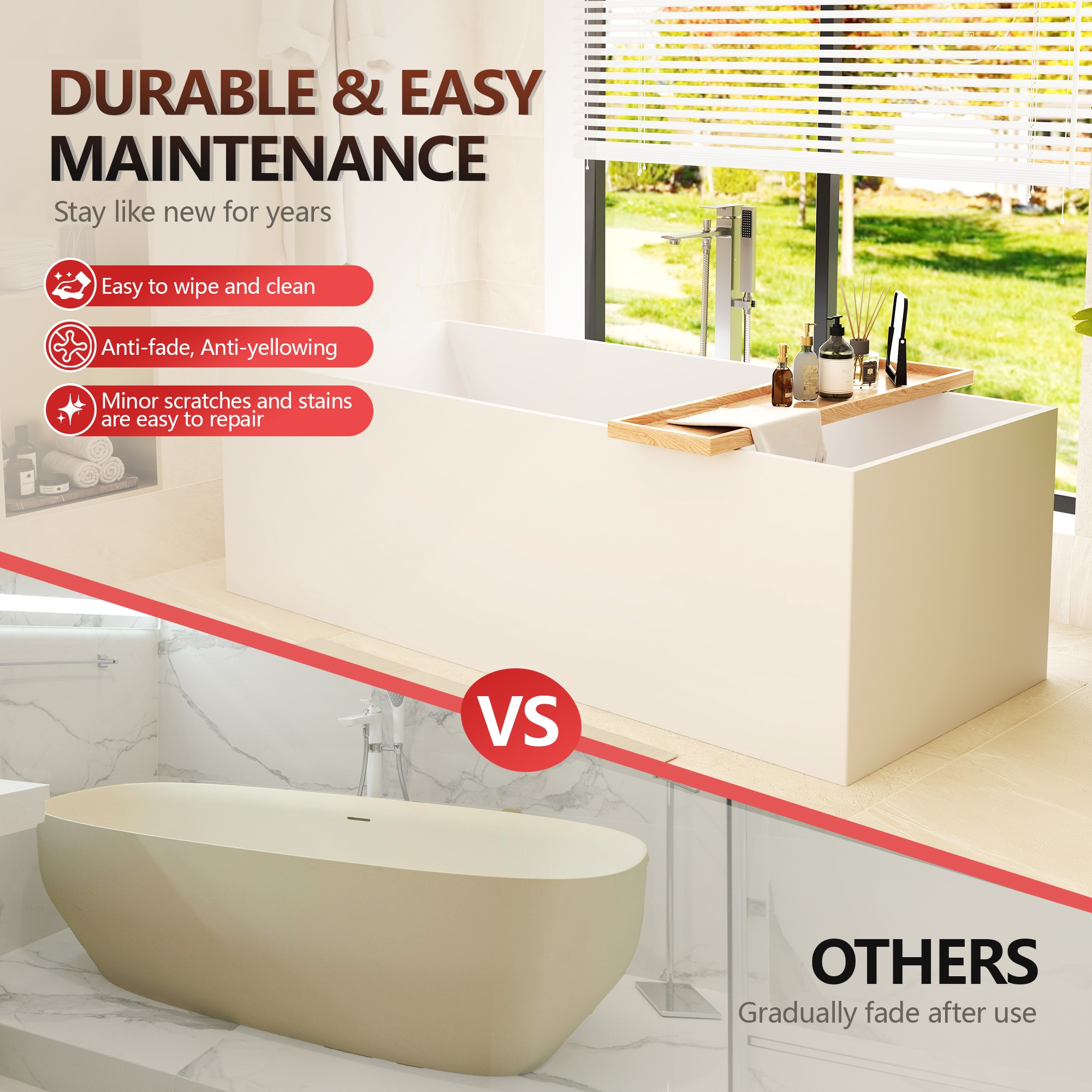 67" Freestanding Solid Surface Bathtub with Slide-Like Curved Interior