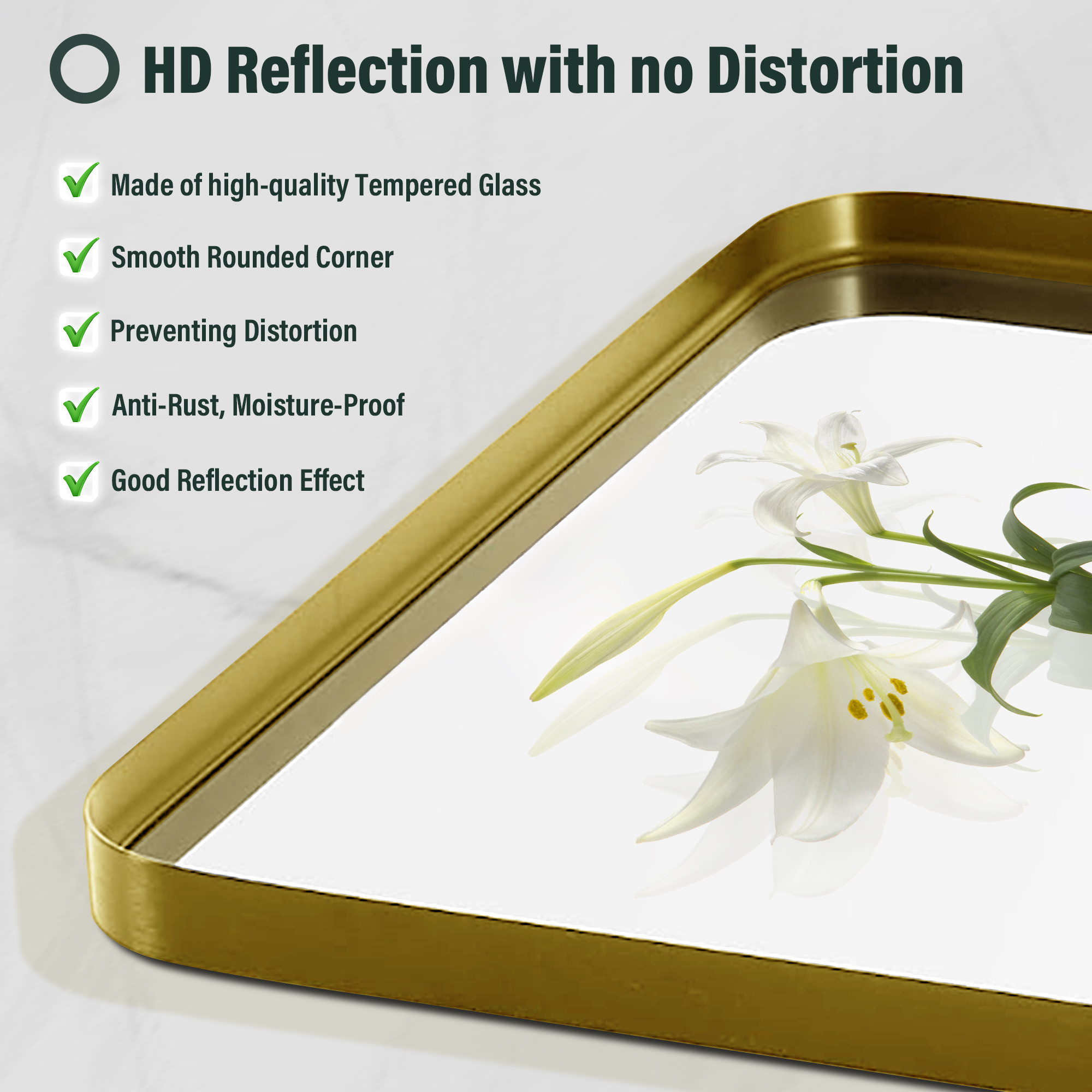 Tempered Glass Wall-Mounted Mirror with Gold Metal Frame