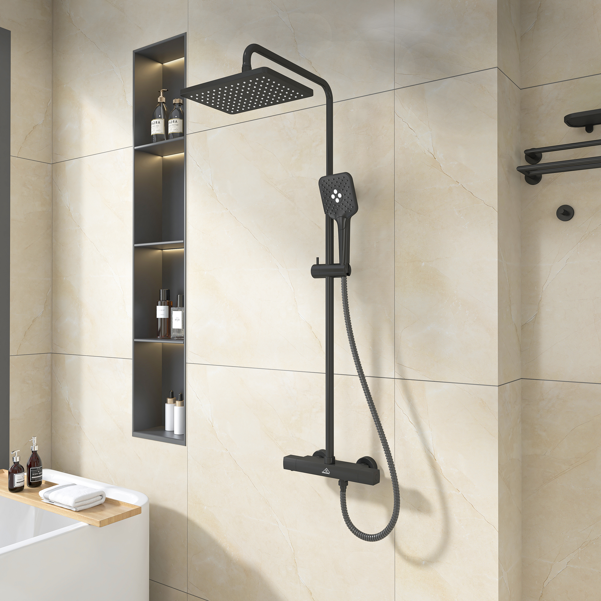 11.4*7.5" Thermostatic Rain Shower Faucet with Slide Bar in Matte Black