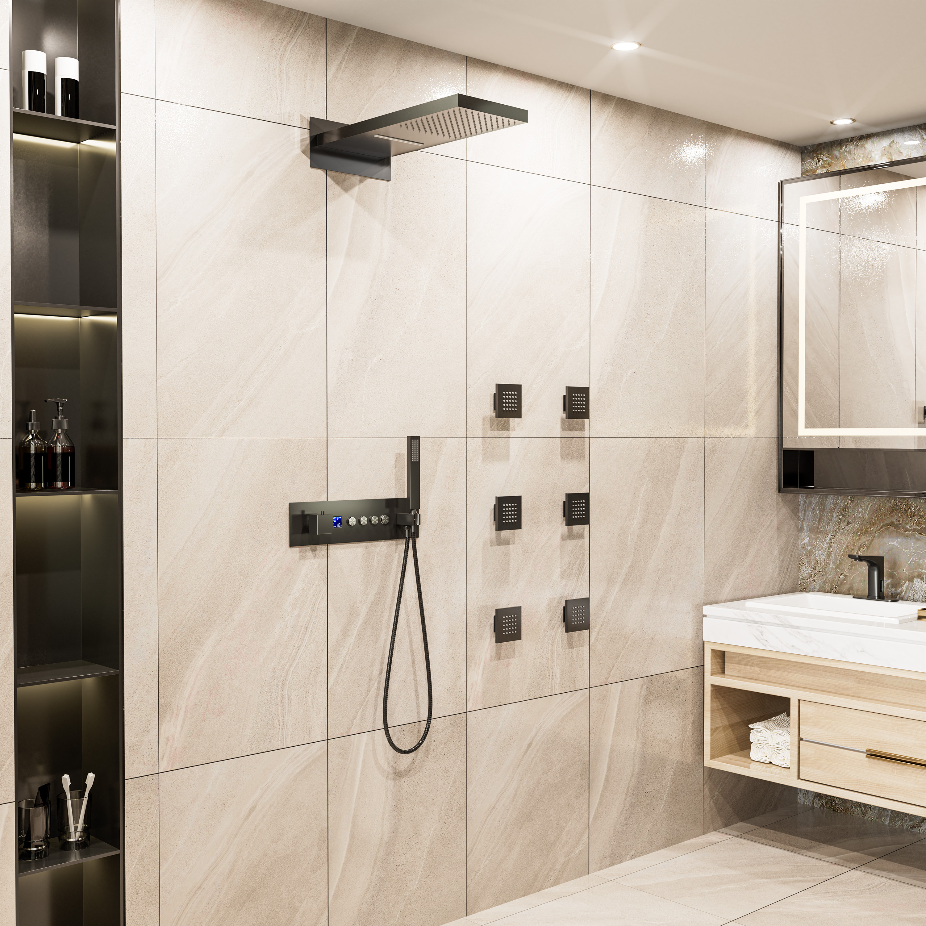 22*9 inch 4-Function Thermostatic Shower System with Digital Display and 6 Body Jets