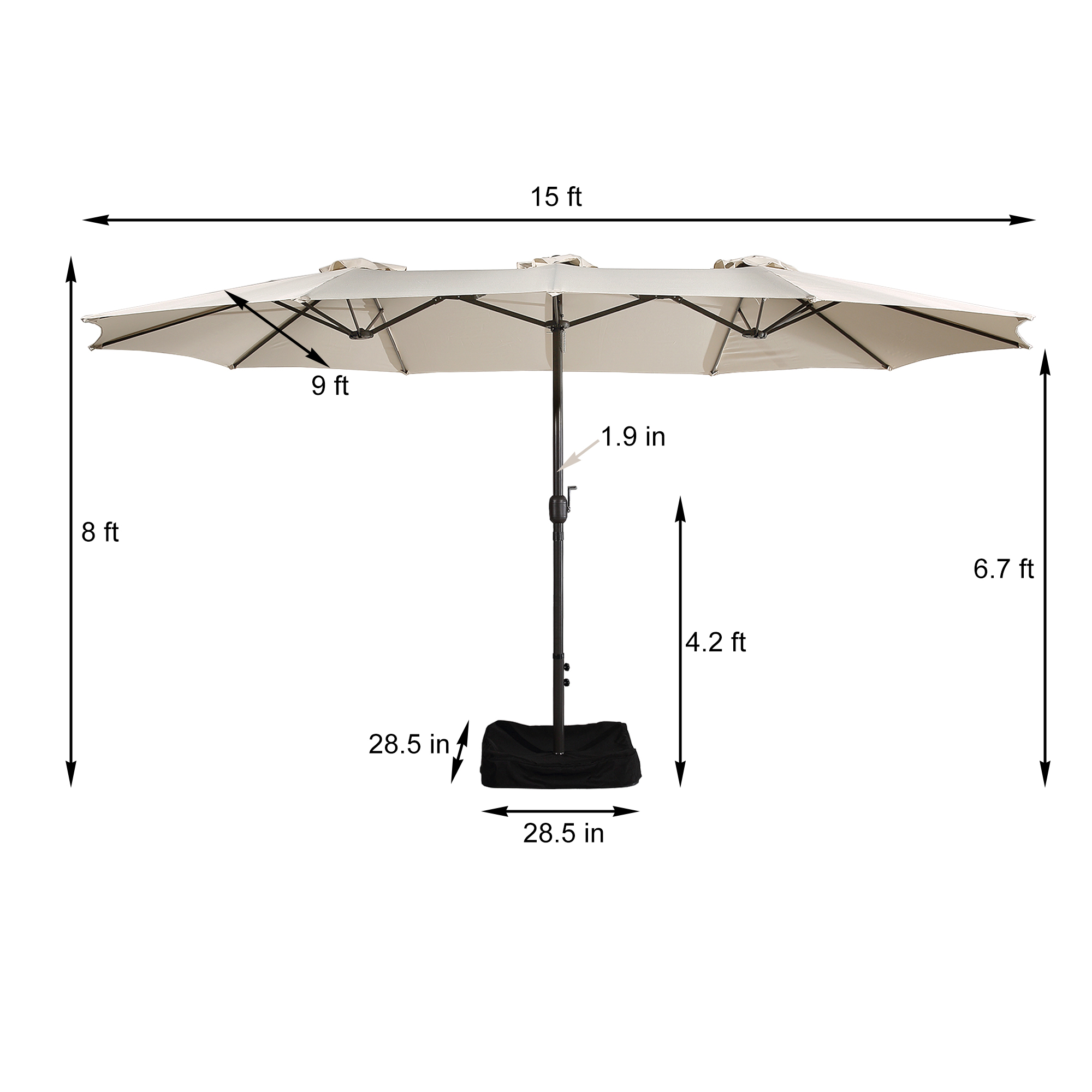 15ft Patio Steel Rectangular Double-Sided Market Umbrella With Base, Classic Design or Solar LED Lights Options,UV Sun Protection & Easy Crank for Deck Pool Patio.