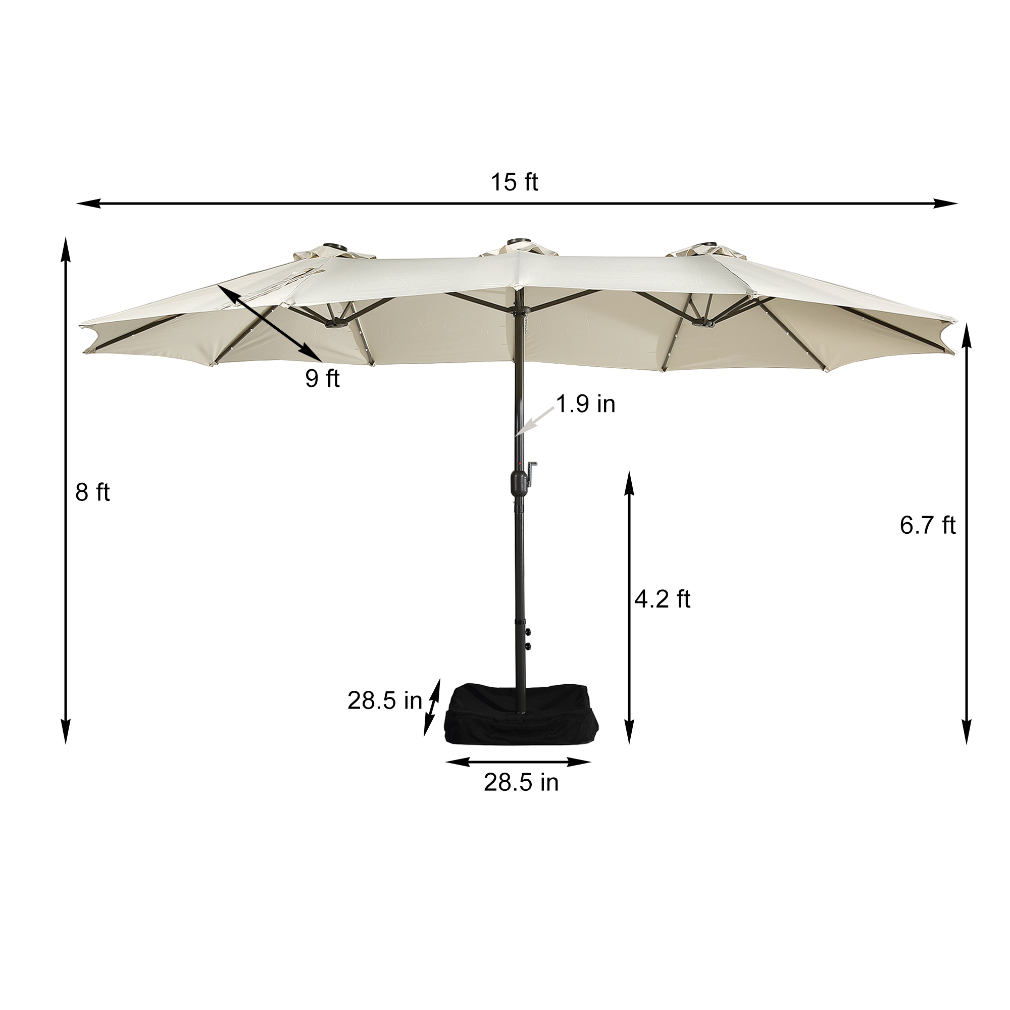 15ft Patio Steel Rectangular Double-Sided Market Umbrella With Base, Classic Design or Solar LED Lights Options,UV Sun Protection & Easy Crank for Deck Pool Patio.