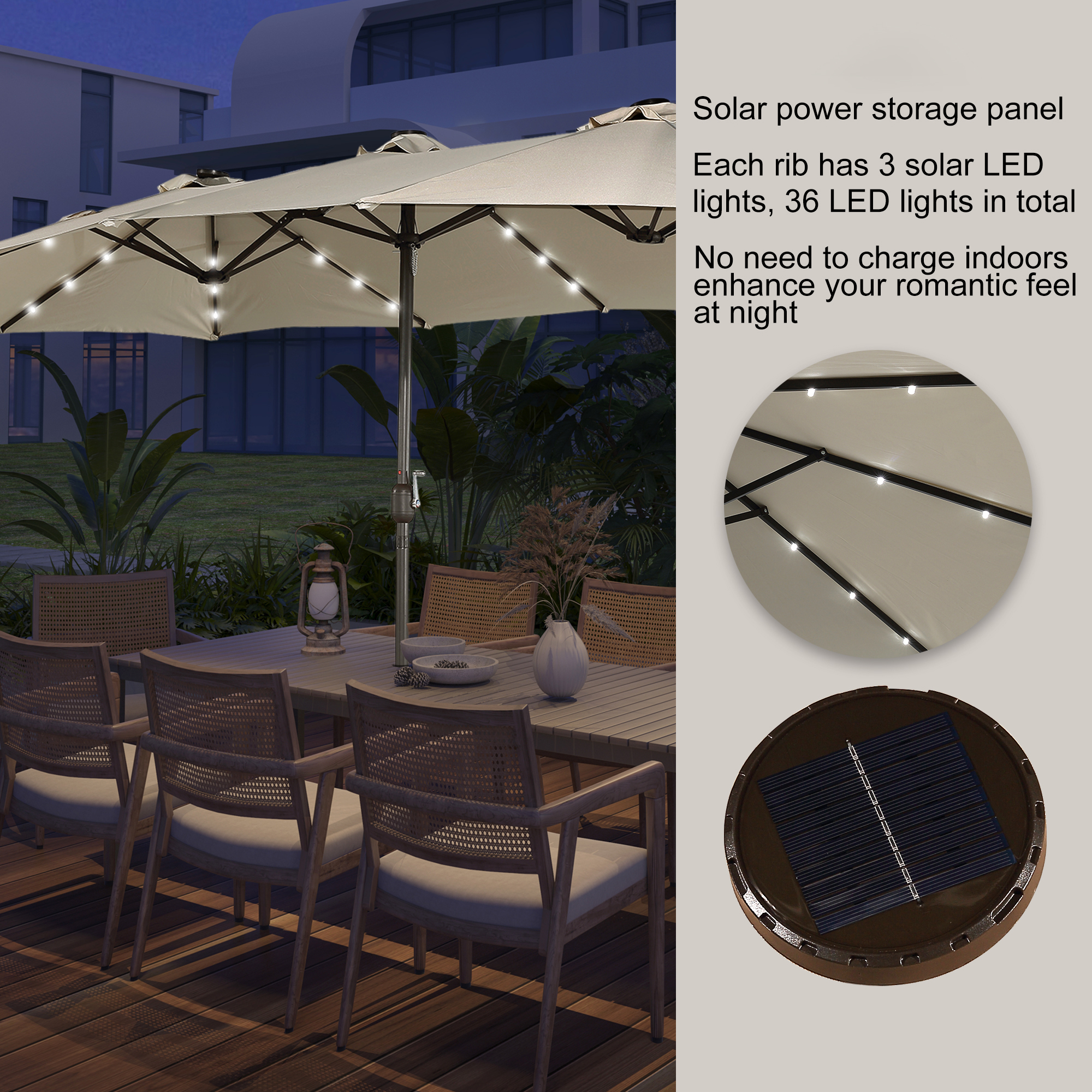 15ft Patio Steel Rectangular Double-Sided Market Umbrella With Base, Classic Design or Solar LED Lights Options,UV Sun Protection & Easy Crank for Deck Pool Patio.