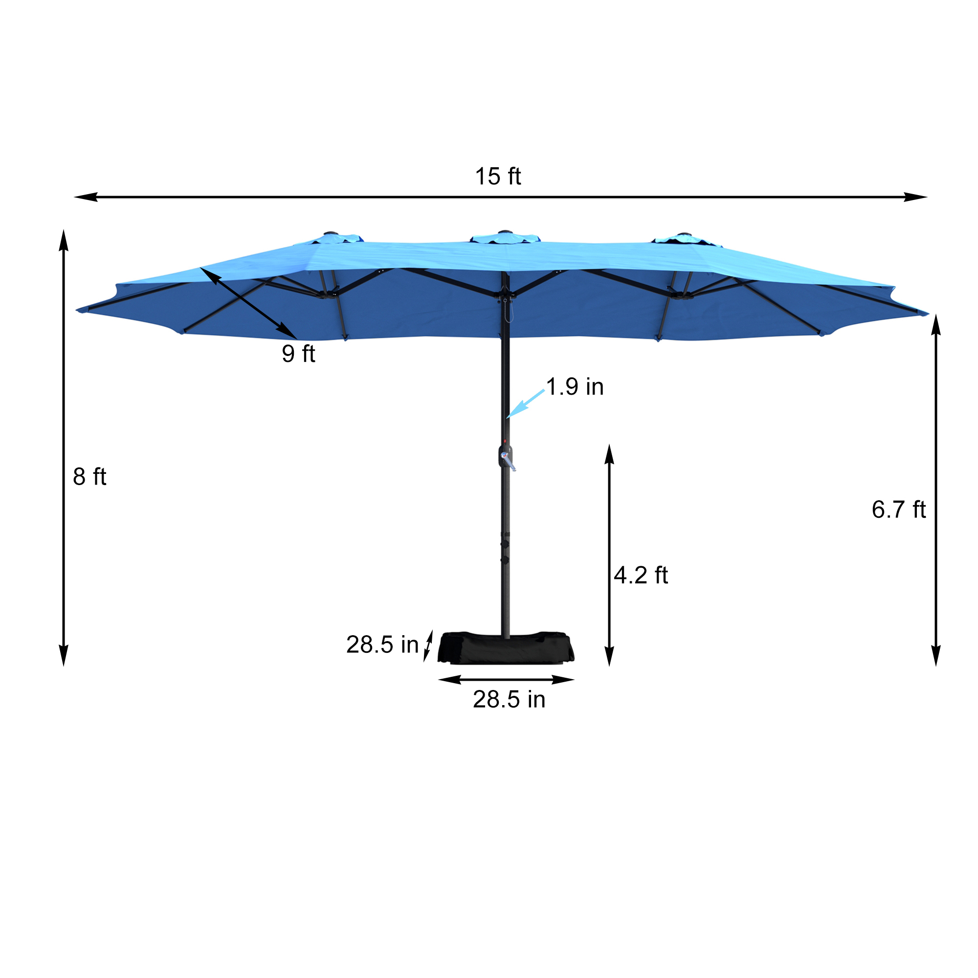15ft Patio Steel Rectangular Double-Sided Market Umbrella With Base, Classic Design or Solar LED Lights Options,UV Sun Protection & Easy Crank for Deck Pool Patio.