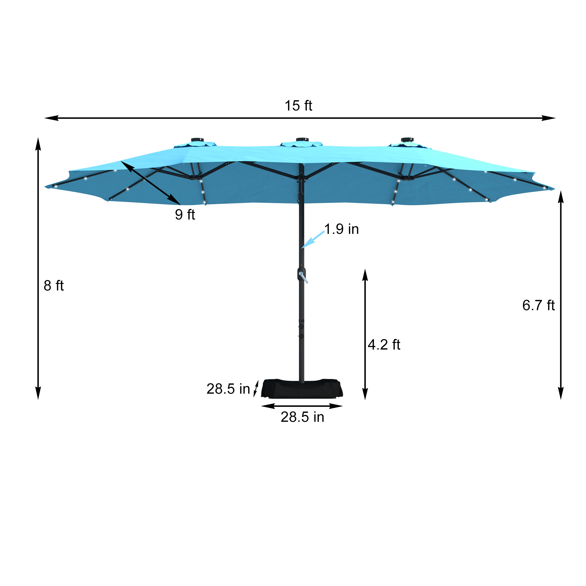 15ft Patio Steel Rectangular Double-Sided Market Umbrella With Base, Classic Design or Solar LED Lights Options,UV Sun Protection & Easy Crank for Deck Pool Patio.