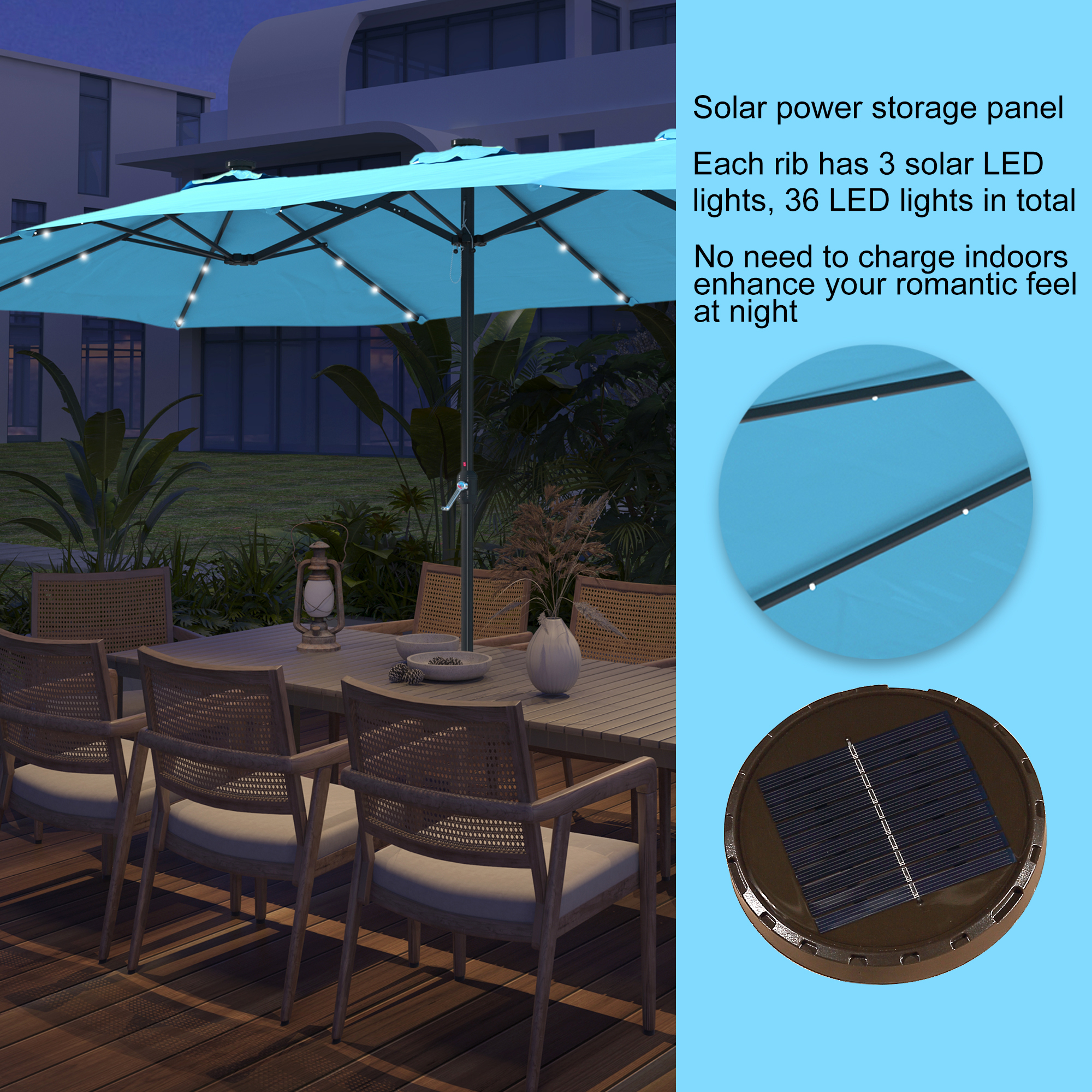 15ft Patio Steel Rectangular Double-Sided Market Umbrella With Base, Classic Design or Solar LED Lights Options,UV Sun Protection & Easy Crank for Deck Pool Patio.