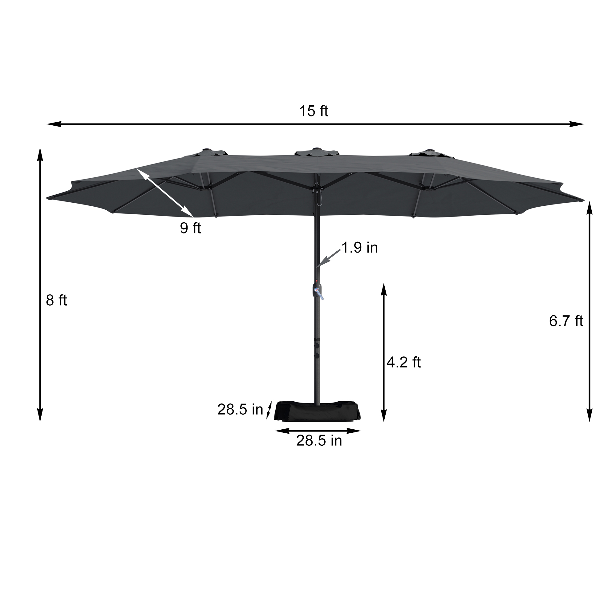15ft Patio Steel Rectangular Double-Sided Market Umbrella With Base, Classic Design or Solar LED Lights Options,UV Sun Protection & Easy Crank for Deck Pool Patio.