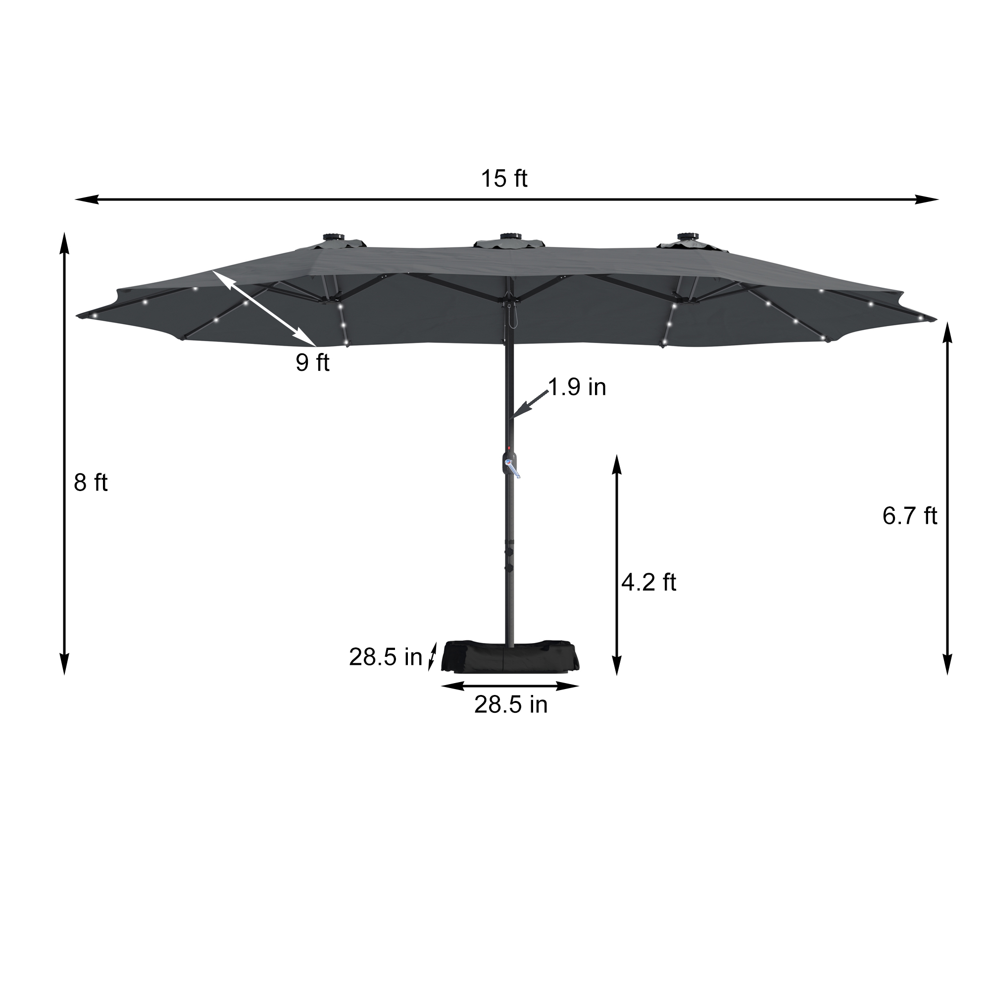 15ft Patio Steel Rectangular Double-Sided Market Umbrella With Base, Classic Design or Solar LED Lights Options,UV Sun Protection & Easy Crank for Deck Pool Patio.