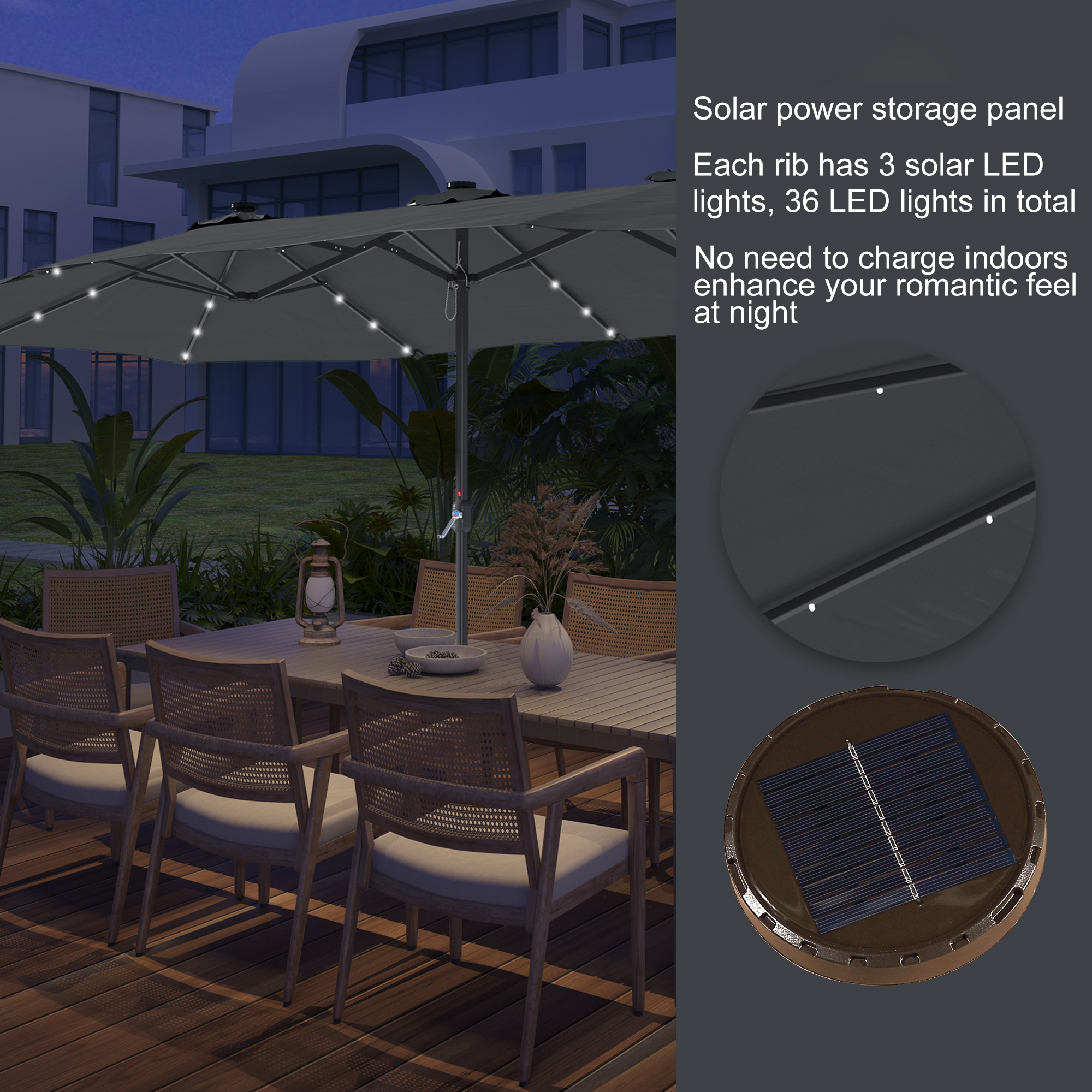 15ft Patio Steel Rectangular Double-Sided Market Umbrella With Base, Classic Design or Solar LED Lights Options,UV Sun Protection & Easy Crank for Deck Pool Patio.