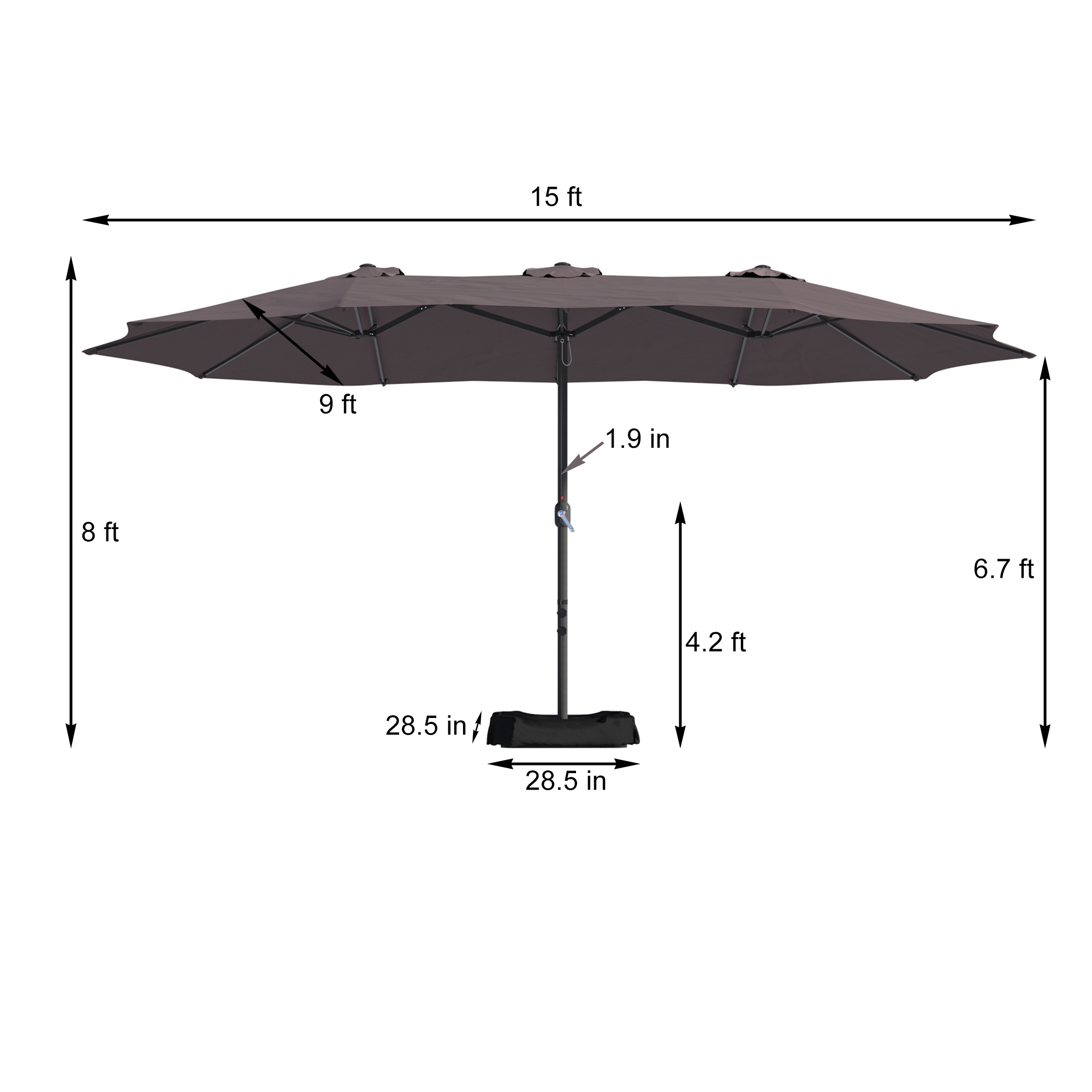 15ft Patio Steel Rectangular Double-Sided Market Umbrella With Base, Classic Design or Solar LED Lights Options,UV Sun Protection & Easy Crank for Deck Pool Patio.
