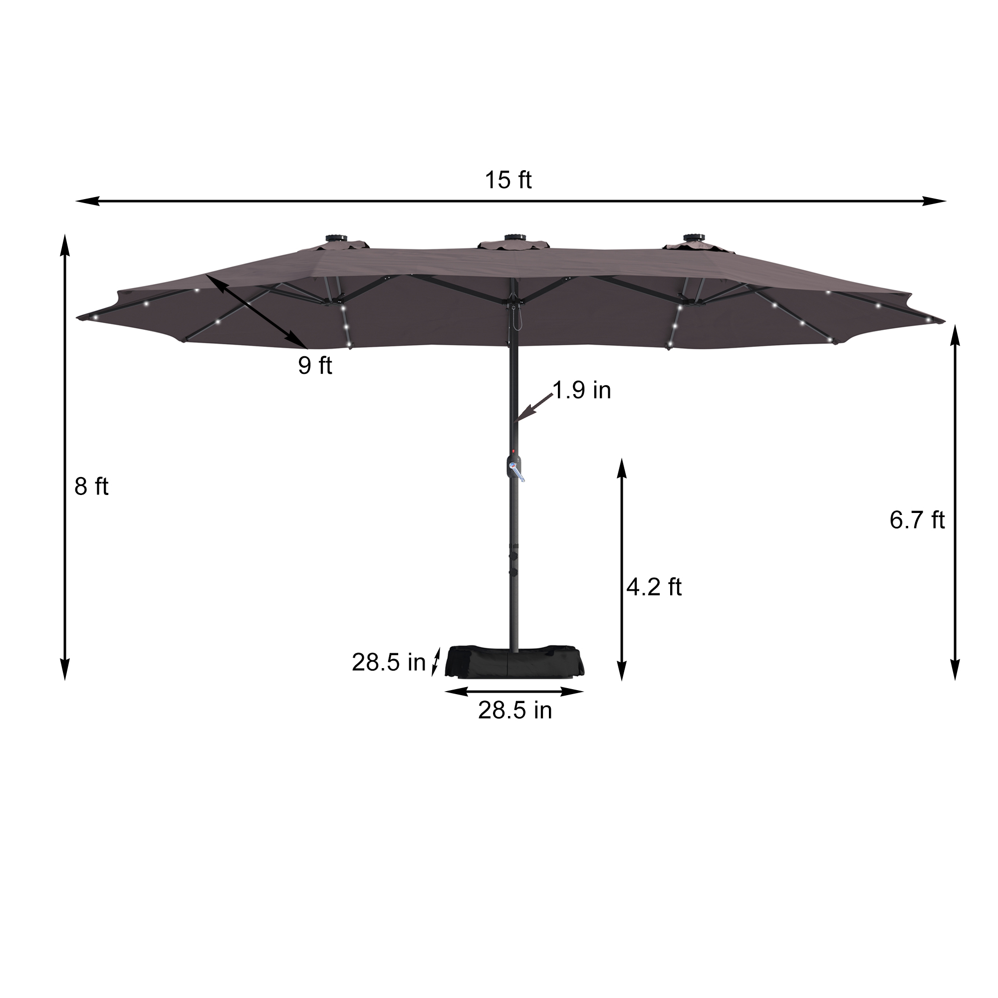 15ft Patio Steel Rectangular Double-Sided Market Umbrella With Base, Classic Design or Solar LED Lights Options,UV Sun Protection & Easy Crank for Deck Pool Patio.
