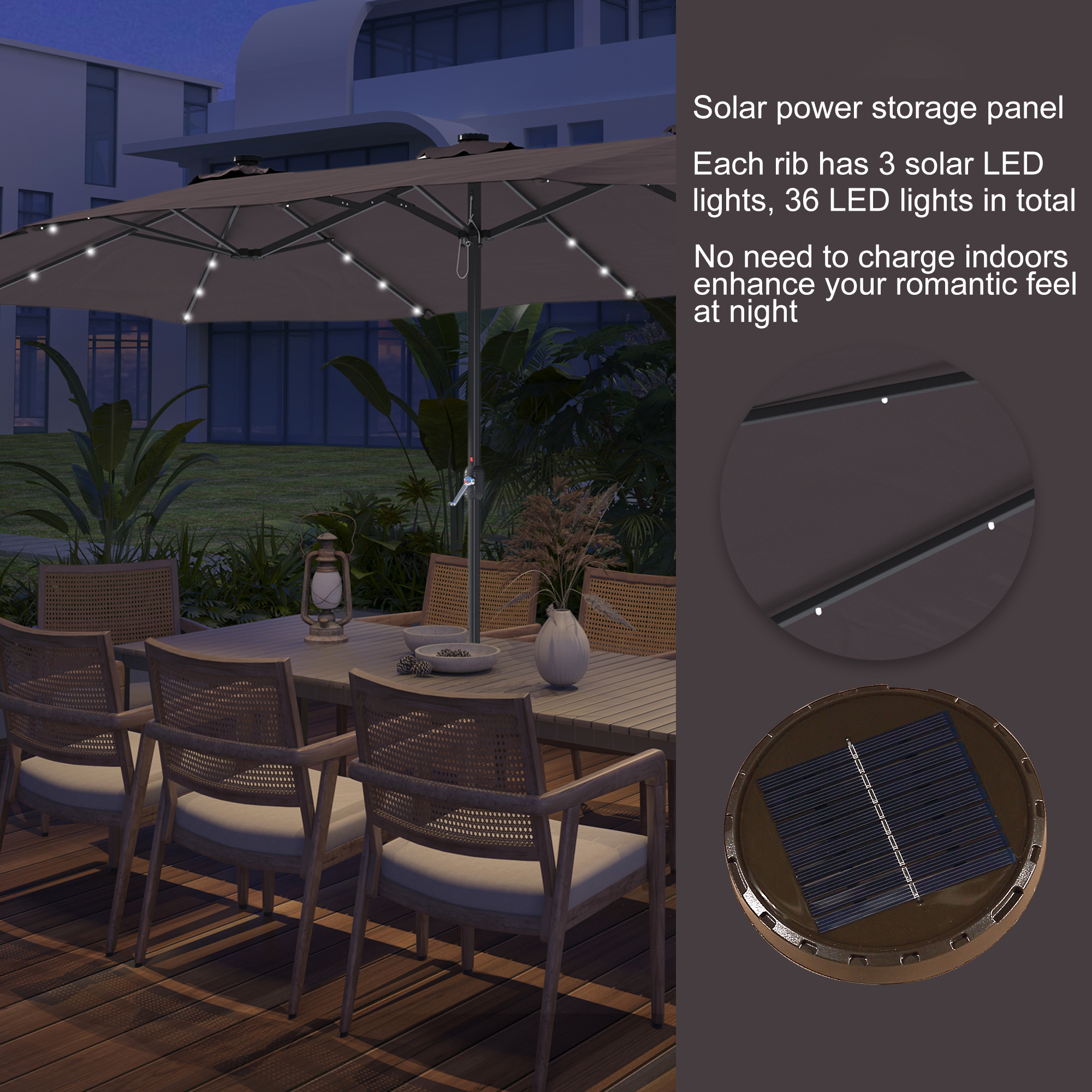 15ft Patio Steel Rectangular Double-Sided Market Umbrella With Base, Classic Design or Solar LED Lights Options,UV Sun Protection & Easy Crank for Deck Pool Patio.