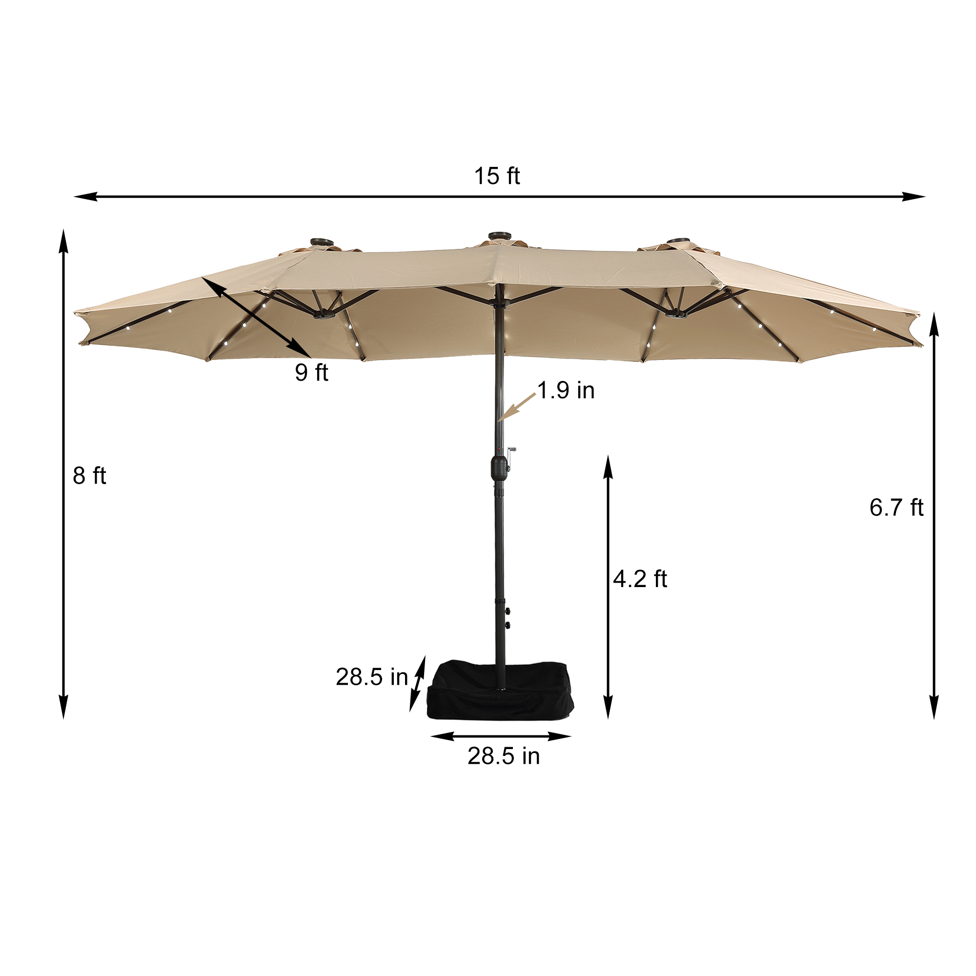 15ft Patio Steel Rectangular Double-Sided Market Umbrella With Base, Classic Design or Solar LED Lights Options,UV Sun Protection & Easy Crank for Deck Pool Patio.