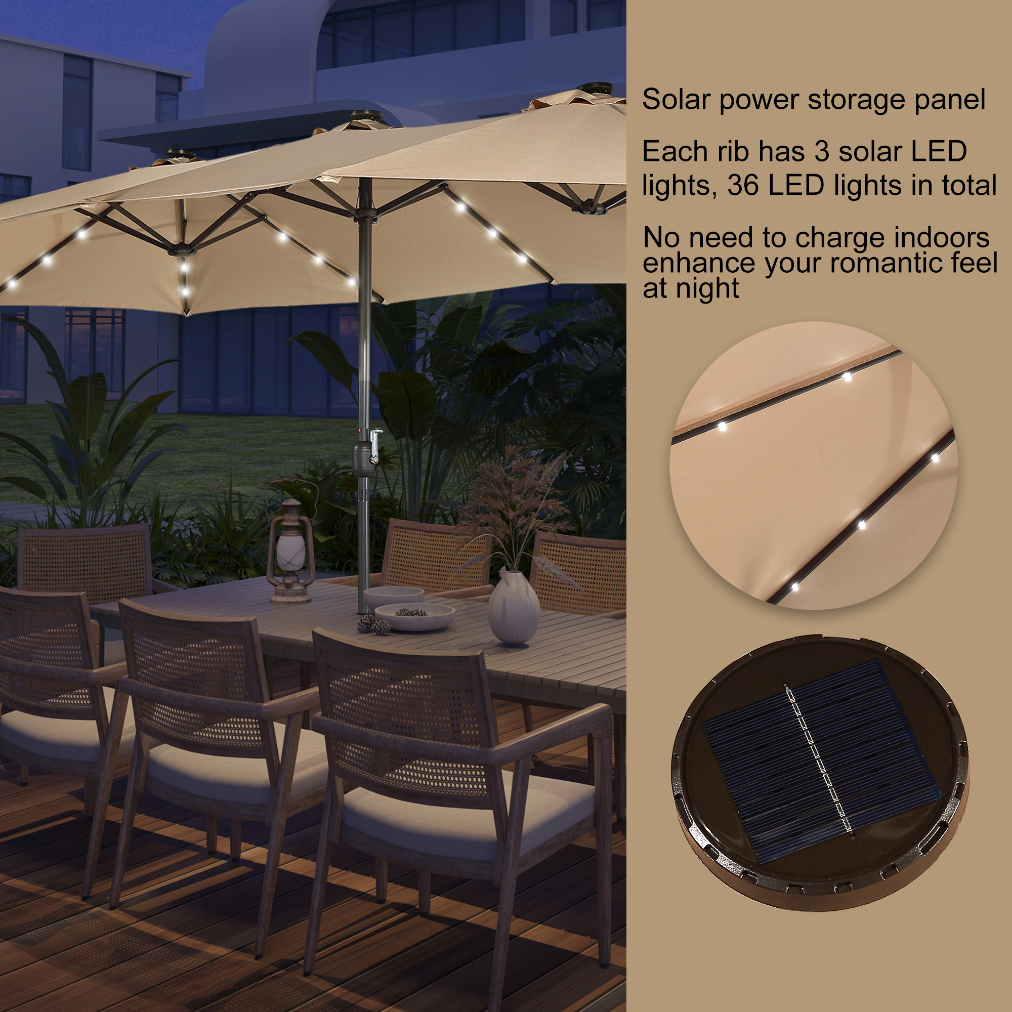 15ft Patio Steel Rectangular Double-Sided Market Umbrella With Base, Classic Design or Solar LED Lights Options,UV Sun Protection & Easy Crank for Deck Pool Patio.