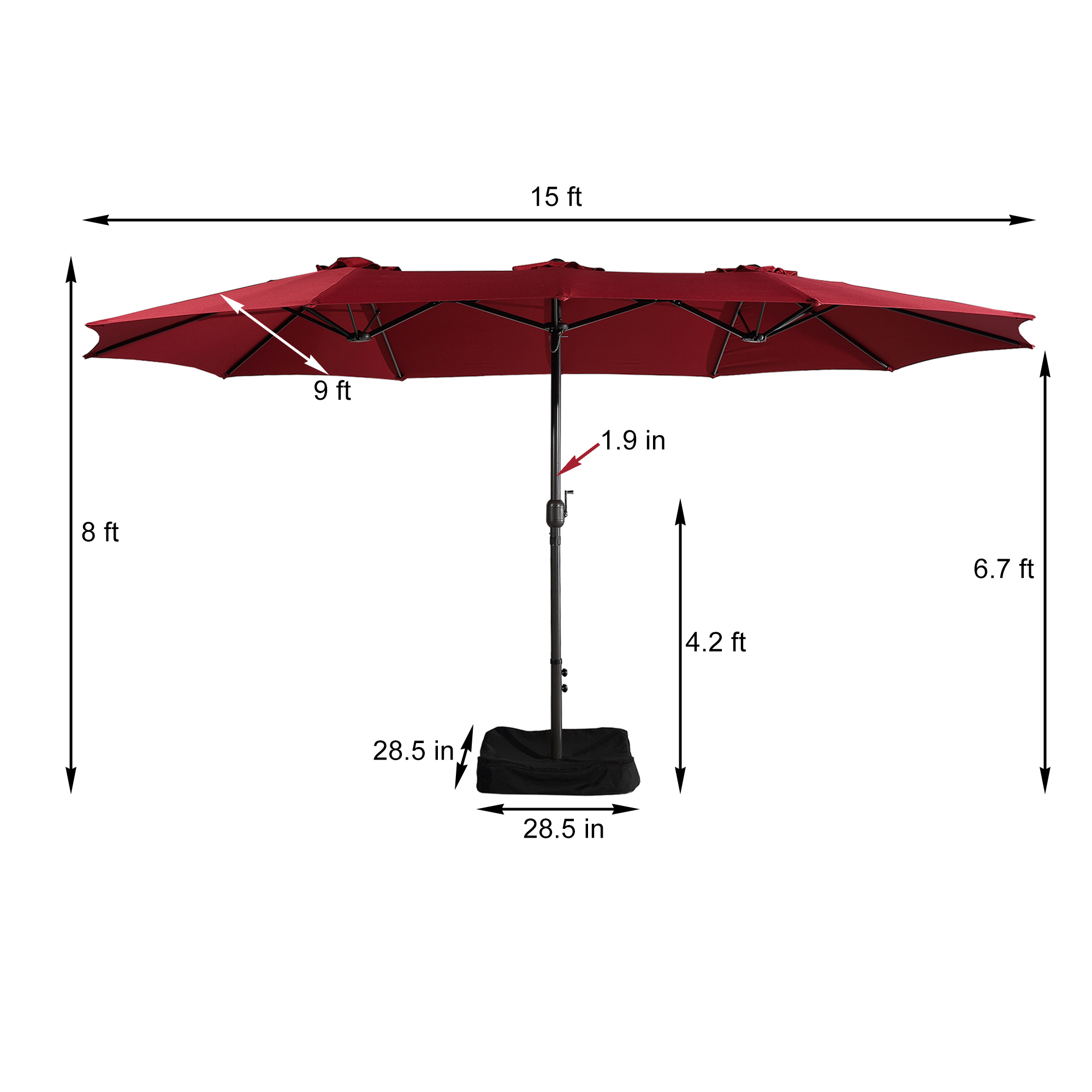 15ft Patio Steel Rectangular Double-Sided Market Umbrella With Base, Classic Design or Solar LED Lights Options,UV Sun Protection & Easy Crank for Deck Pool Patio.