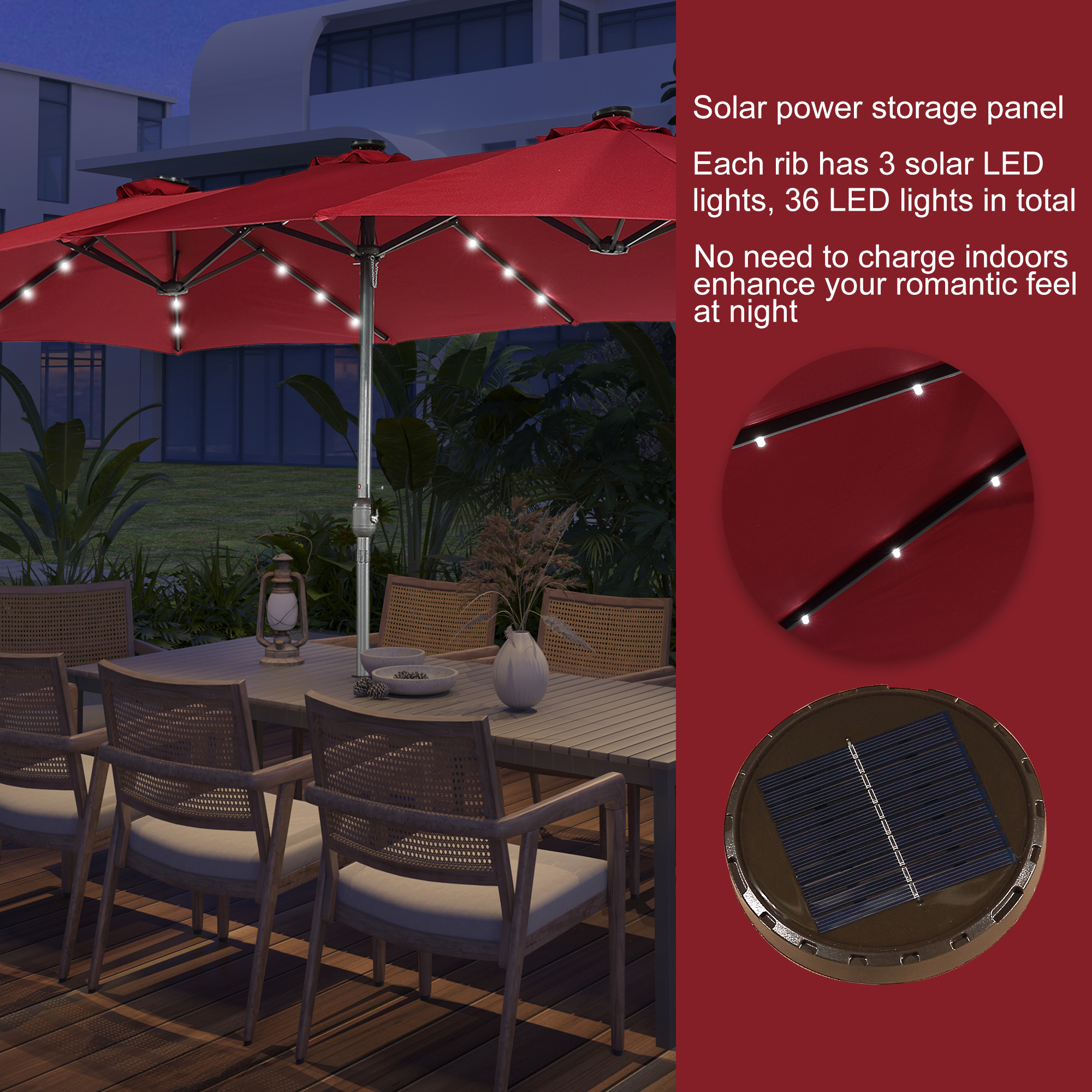 15ft Patio Steel Rectangular Double-Sided Market Umbrella With Base, Classic Design or Solar LED Lights Options,UV Sun Protection & Easy Crank for Deck Pool Patio.