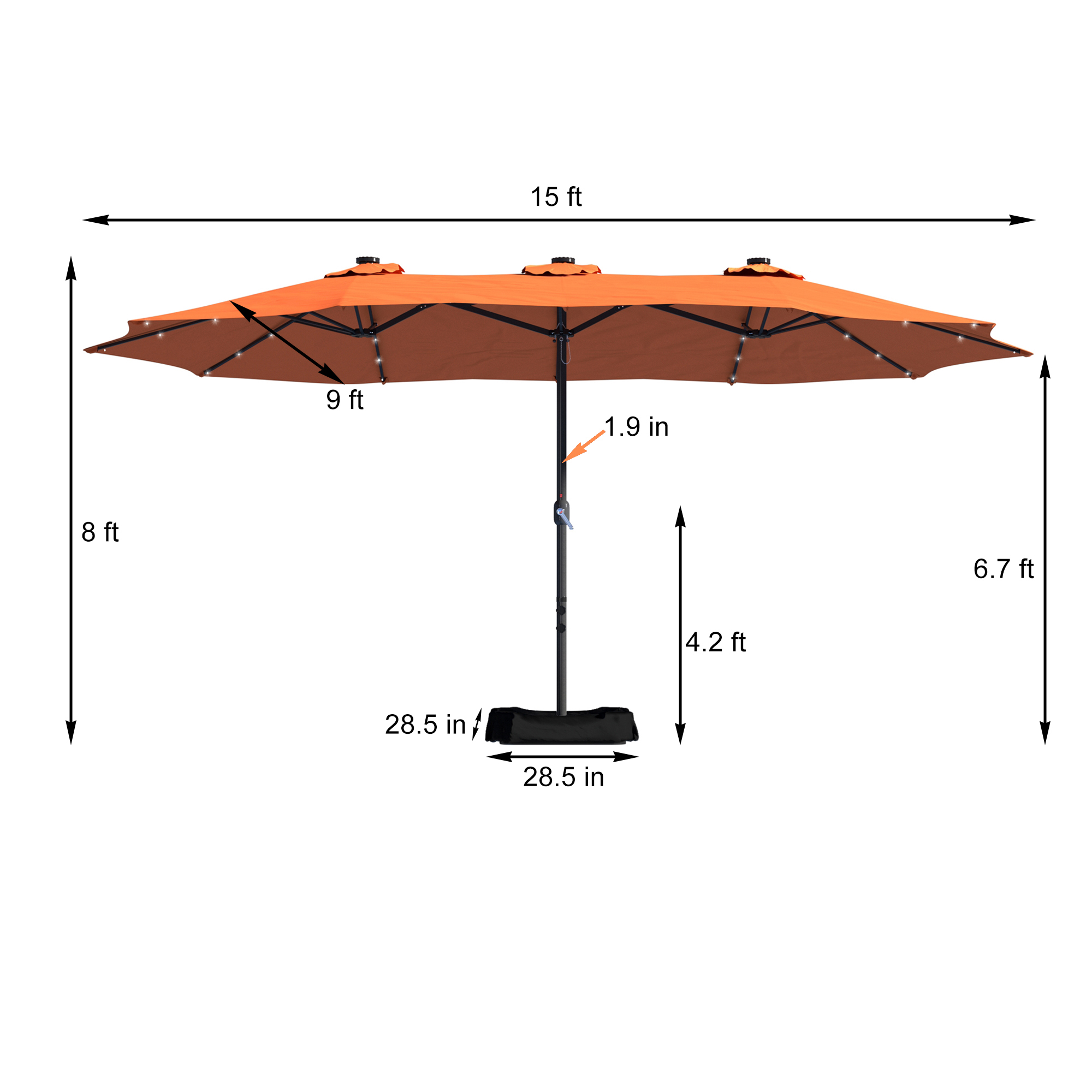 15ft Patio Steel Rectangular Double-Sided Market Umbrella With Base, Classic Design or Solar LED Lights Options,UV Sun Protection & Easy Crank for Deck Pool Patio.