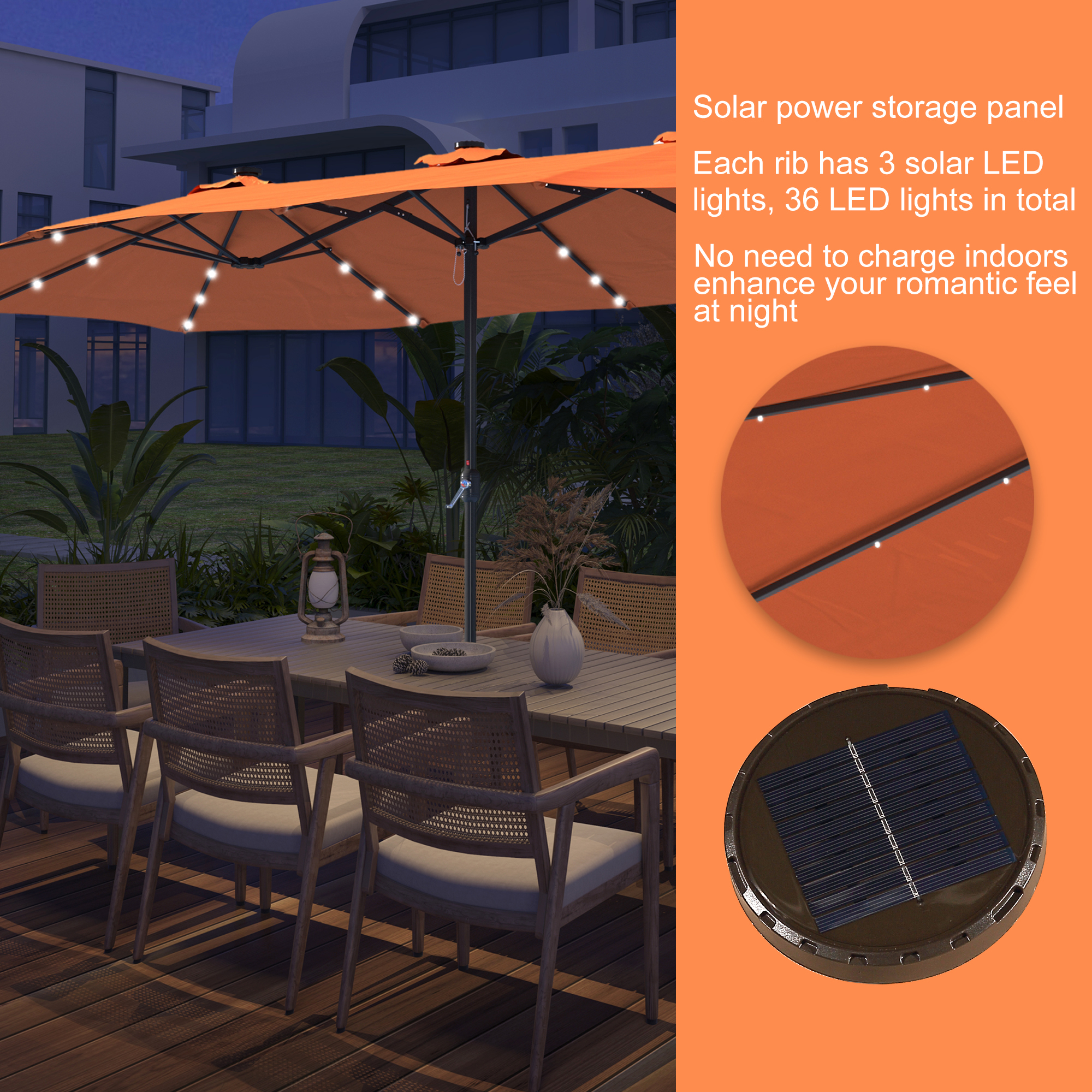 15ft Patio Steel Rectangular Double-Sided Market Umbrella With Base, Classic Design or Solar LED Lights Options,UV Sun Protection & Easy Crank for Deck Pool Patio.